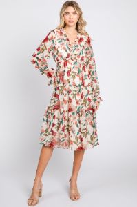 Ivory Floral Ruffle V-Neck Dress sold by Pinkblush