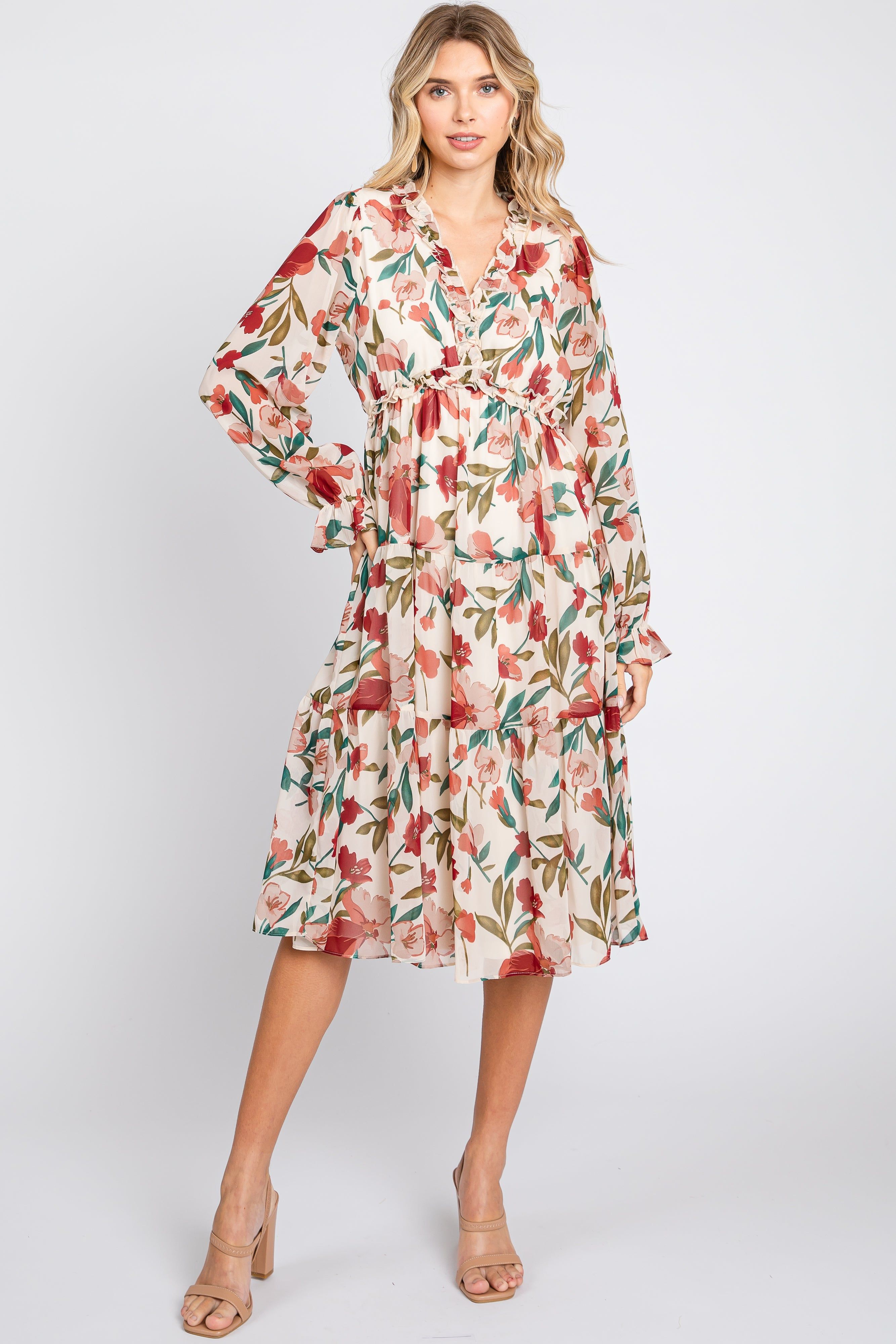 Ivory Floral Ruffle V-Neck Dress sold by Pinkblush