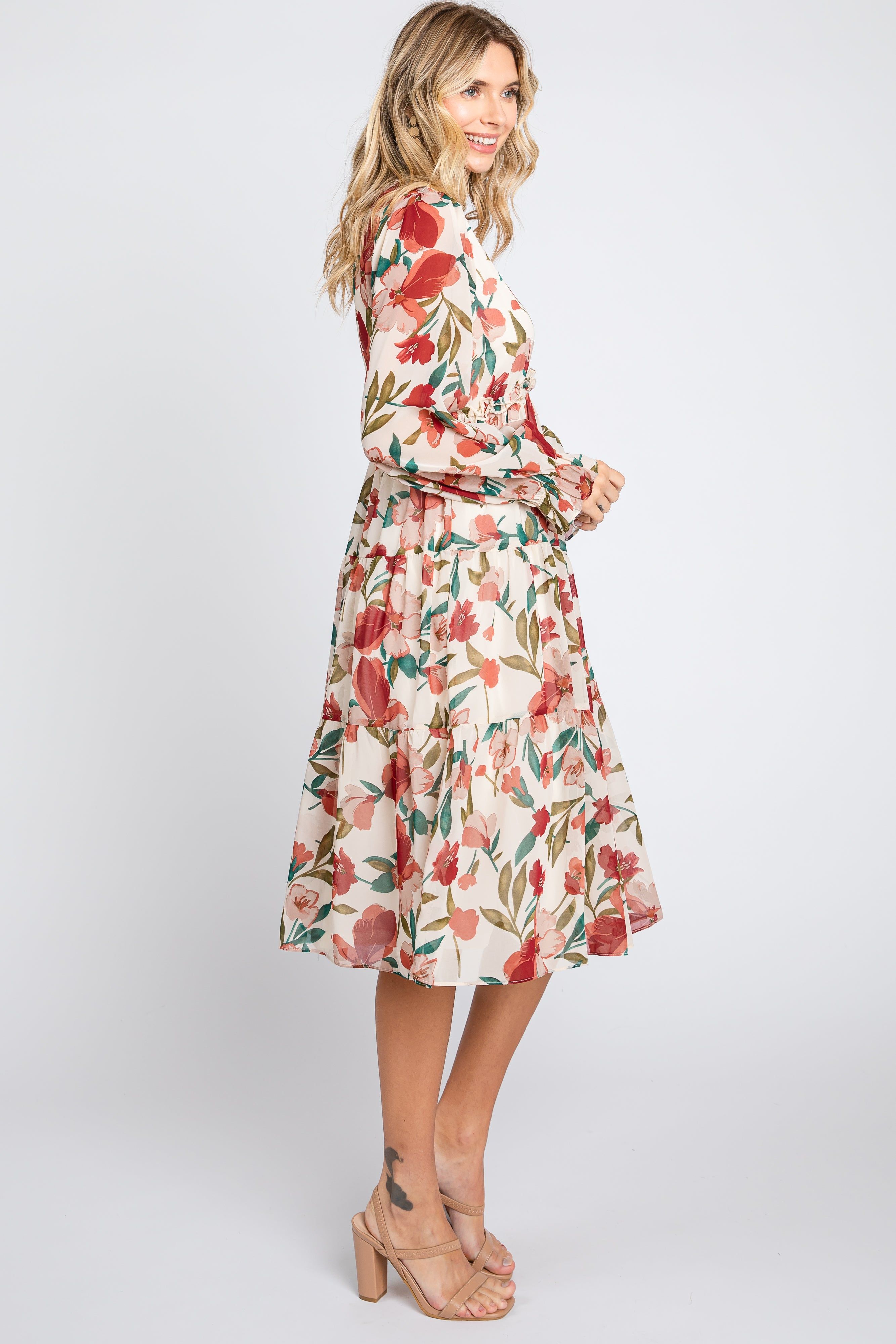 Ivory Floral Ruffle V-Neck Dress sold by Pinkblush product image thumbnail 2