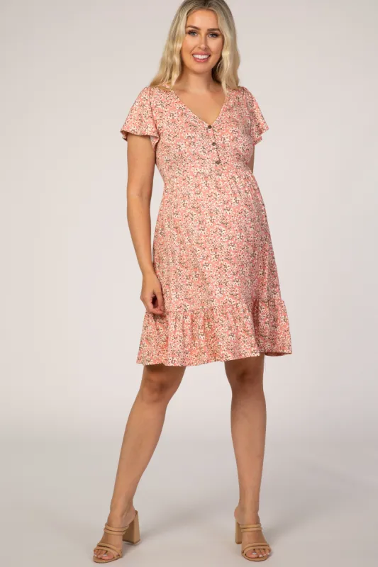 Pink Floral Ruffle Accent Maternity Dress sold by Pinkblush