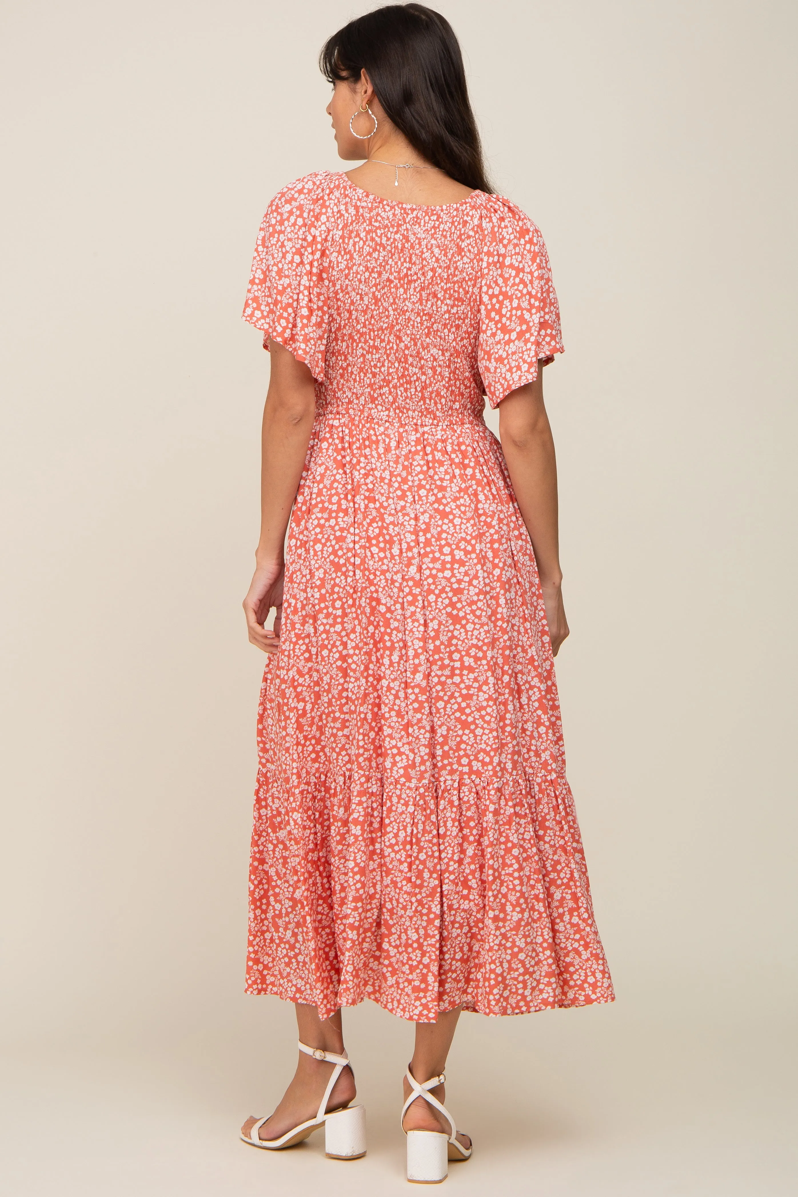 Coral Floral Smocked V-Neck Flutter Short Sleeve Midi Dress sold by Pinkblush product image thumbnail 3