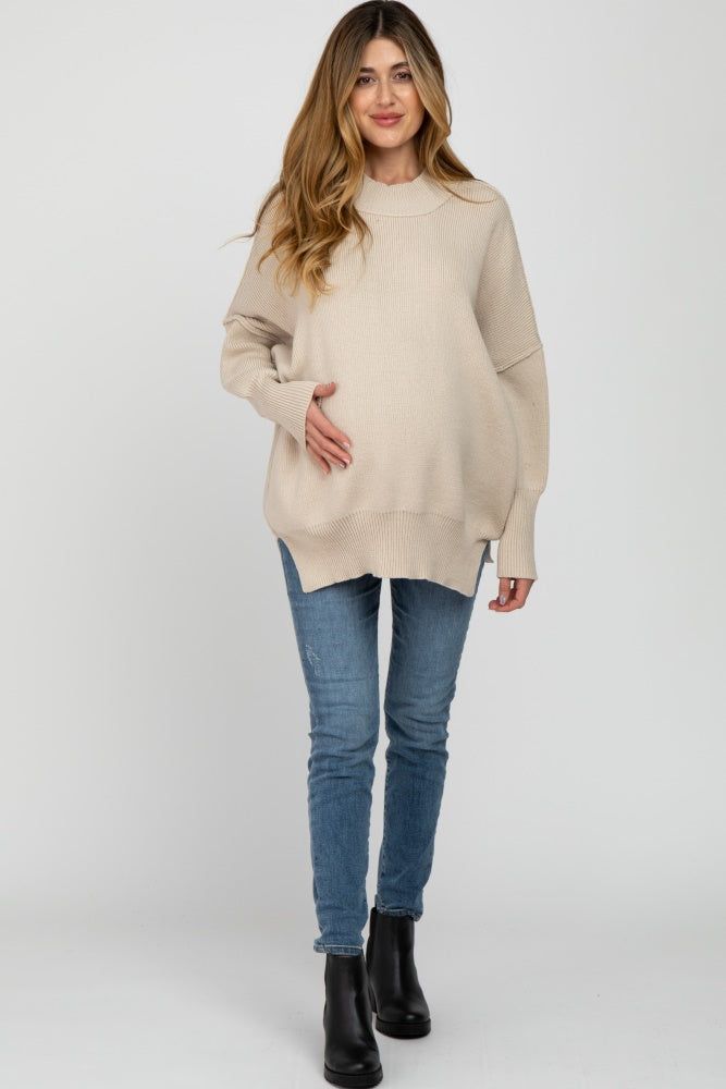 Beige Mock Neck Exposed Seam Maternity Sweater sold by Pinkblush product image thumbnail 2