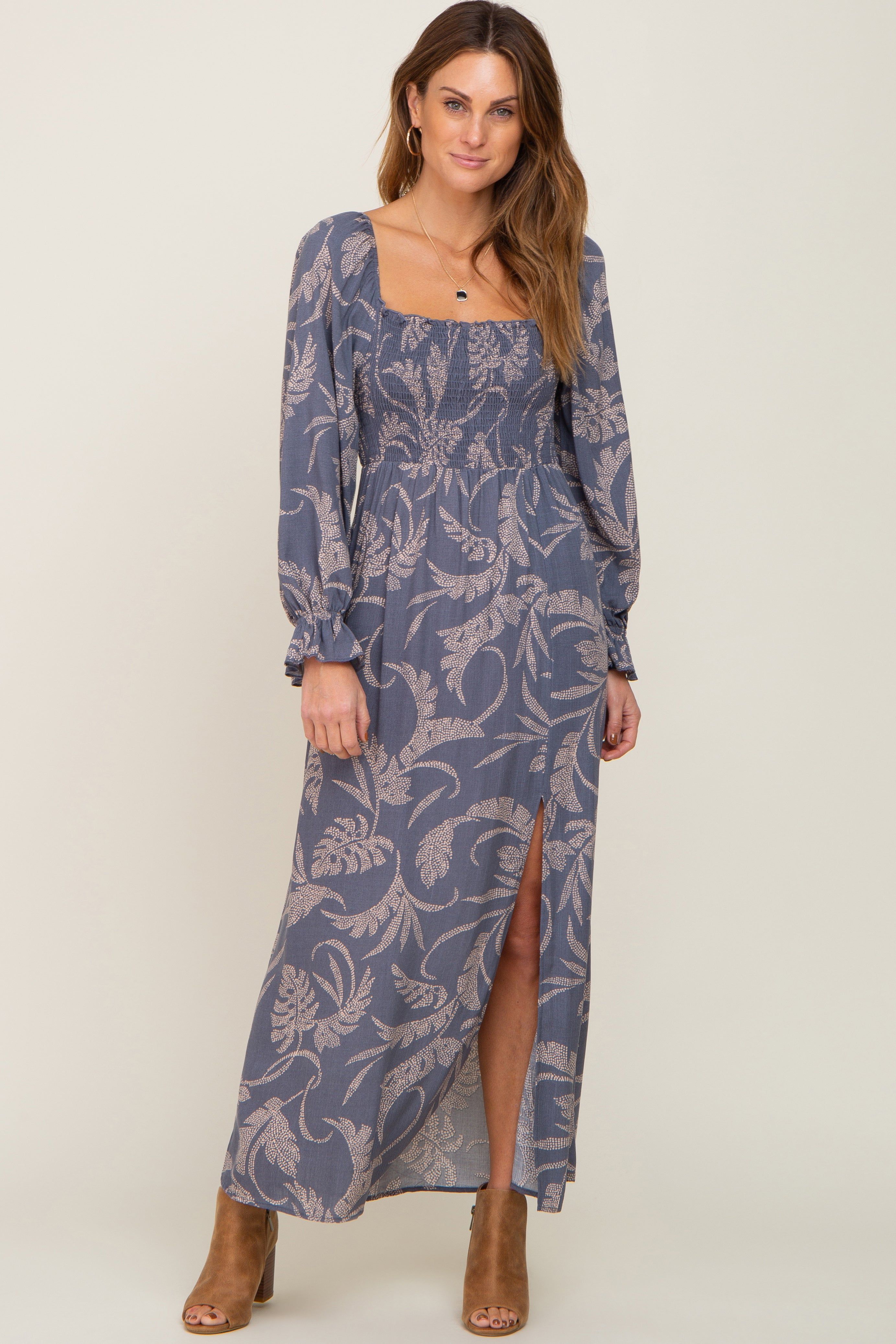 Blue Leaf Print Smocked Maxi Dress sold by Pinkblush
