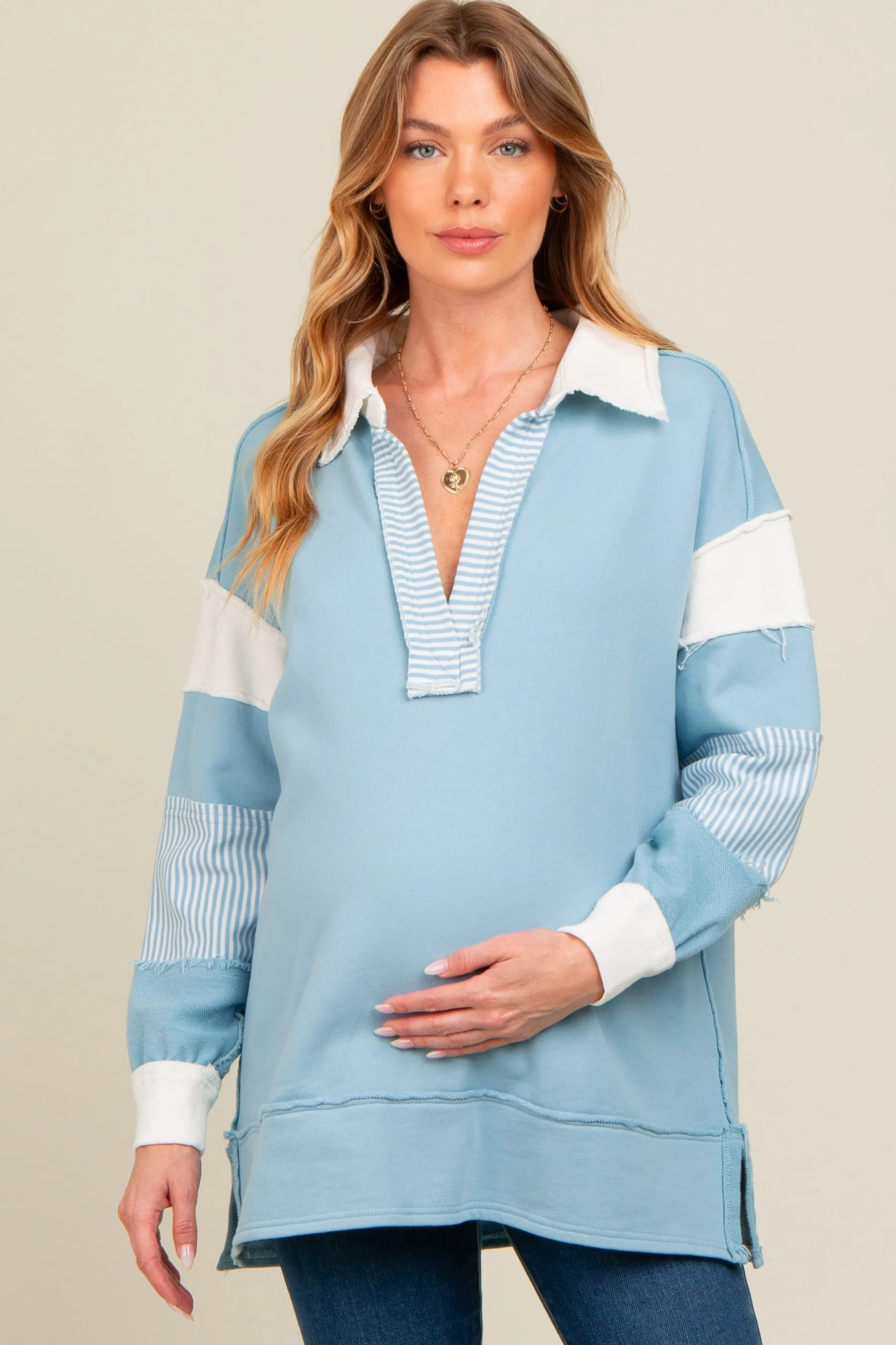 Blue Colorblock Stripe Maternity Polo Pullover Top sold by Pinkblush