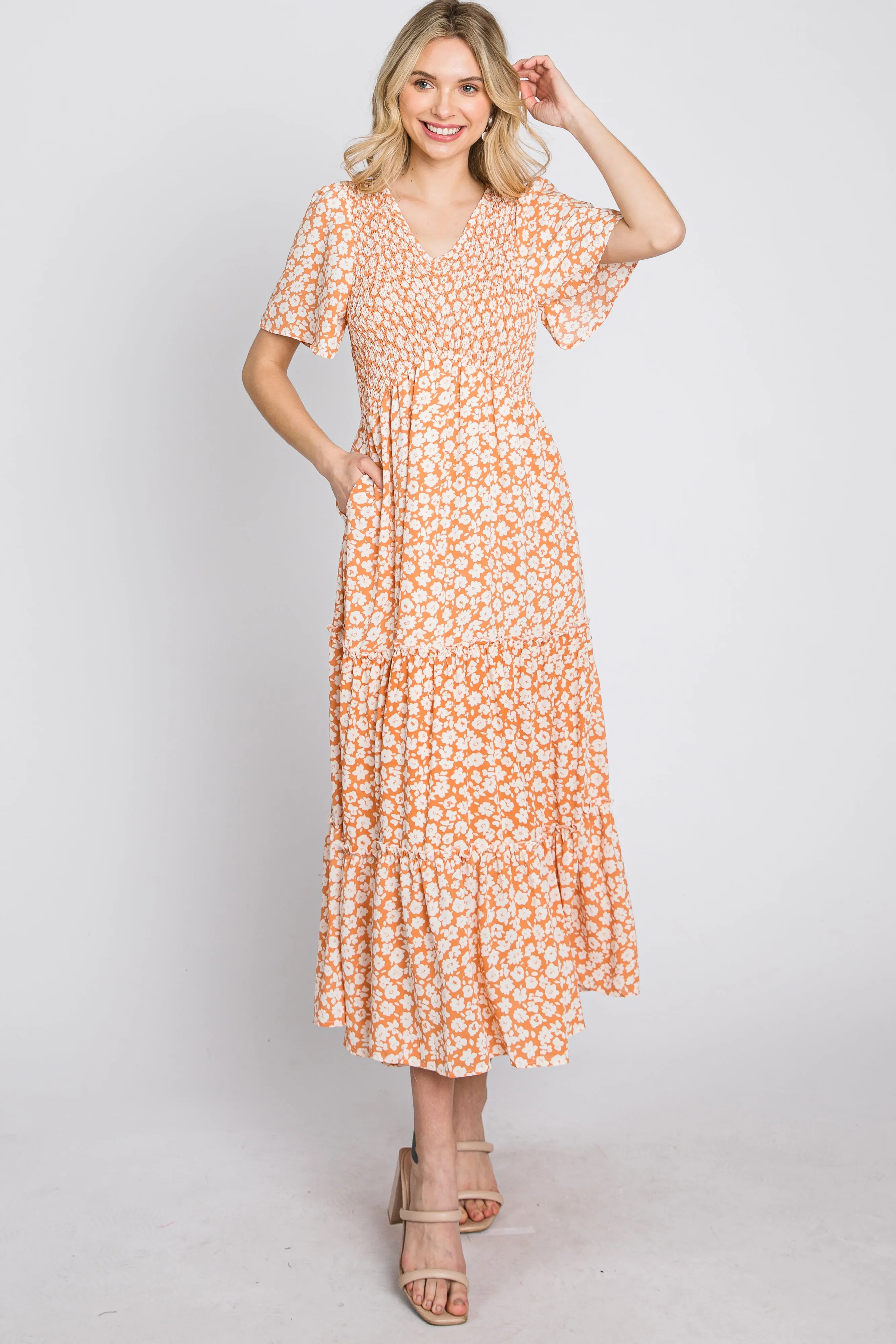 Peach Floral Tiered Midi Dress sold by Pinkblush product image thumbnail 4