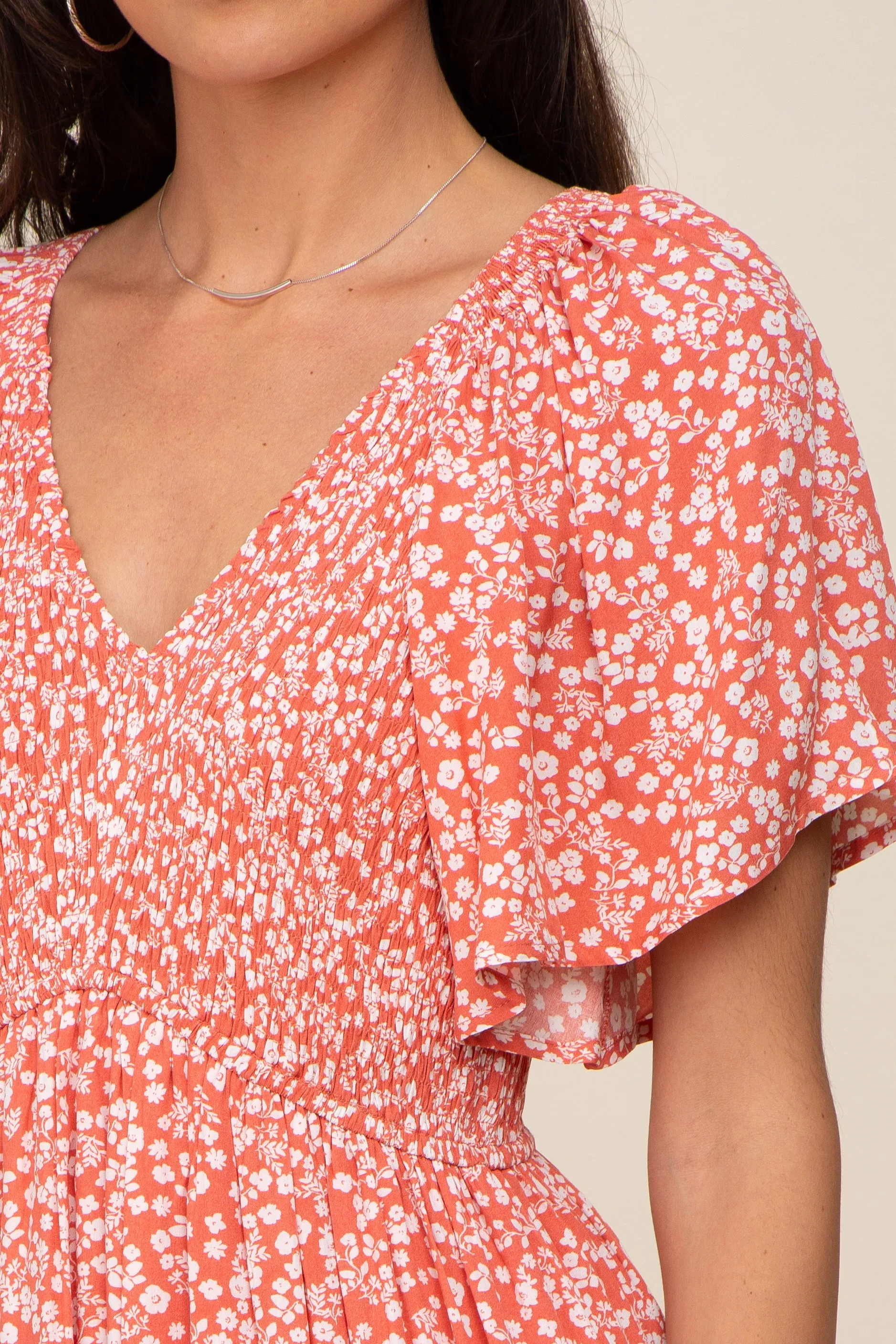 Coral Floral Smocked V-Neck Flutter Short Sleeve Midi Dress sold by Pinkblush product image thumbnail 4