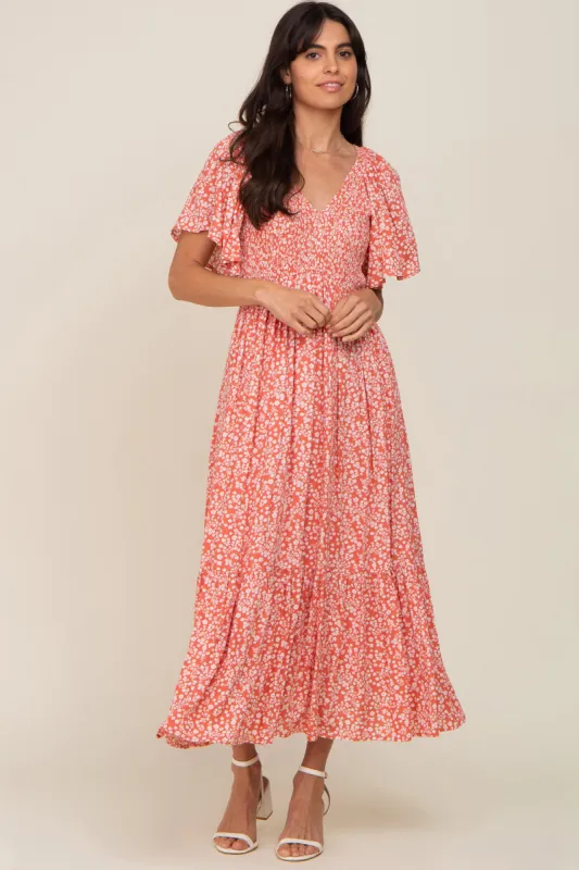 Coral Floral Smocked V-Neck Flutter Short Sleeve Midi Dress sold by Pinkblush