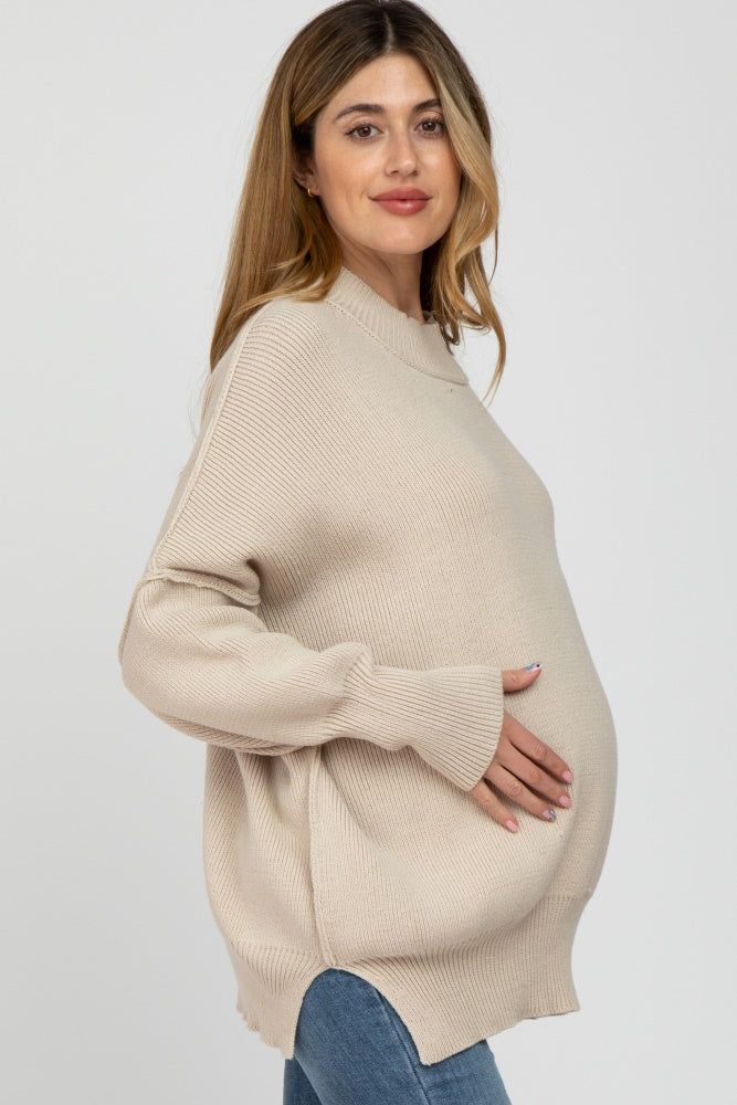 Beige Mock Neck Exposed Seam Maternity Sweater sold by Pinkblush product image thumbnail 3