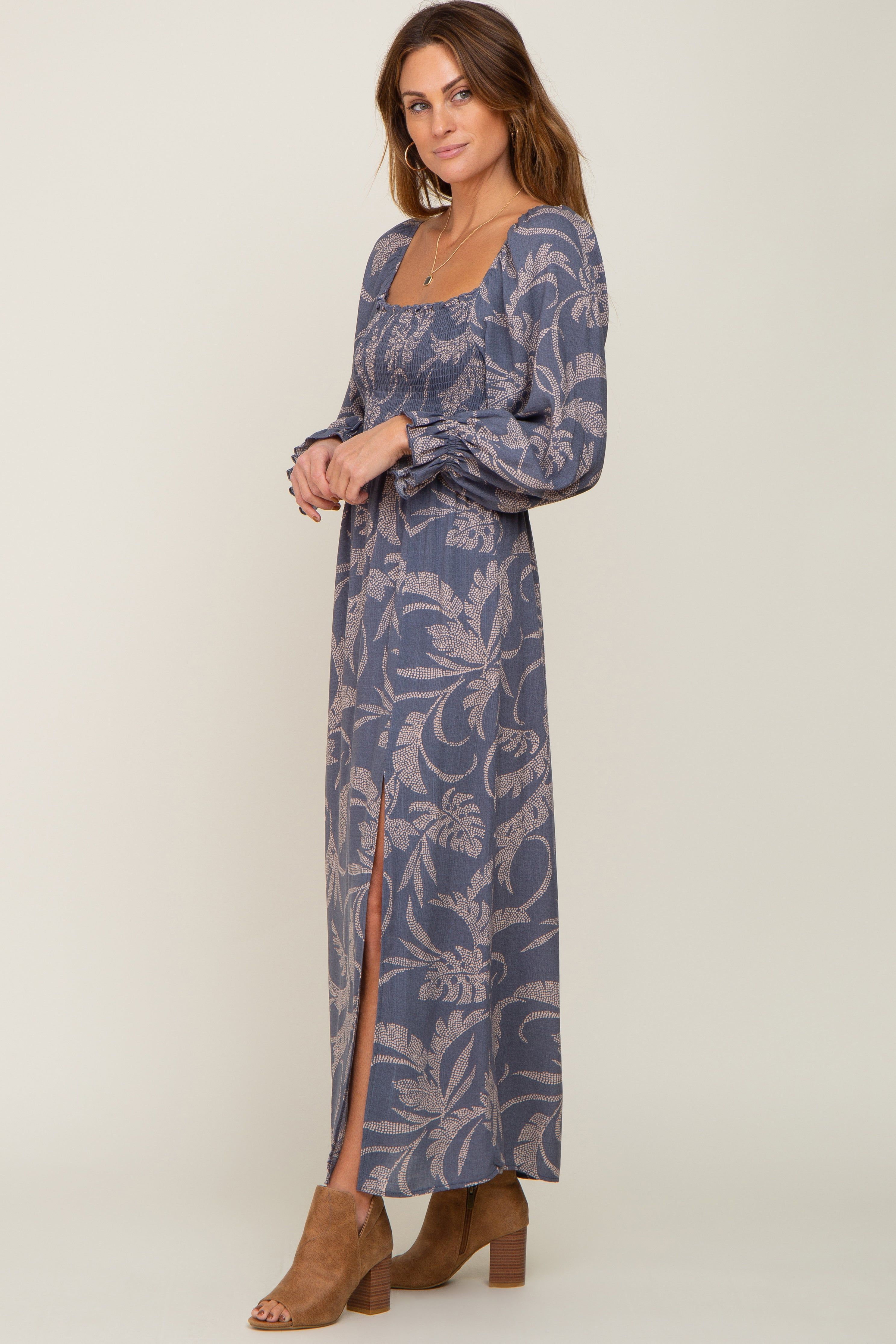 Blue Leaf Print Smocked Maxi Dress sold by Pinkblush product image thumbnail 2