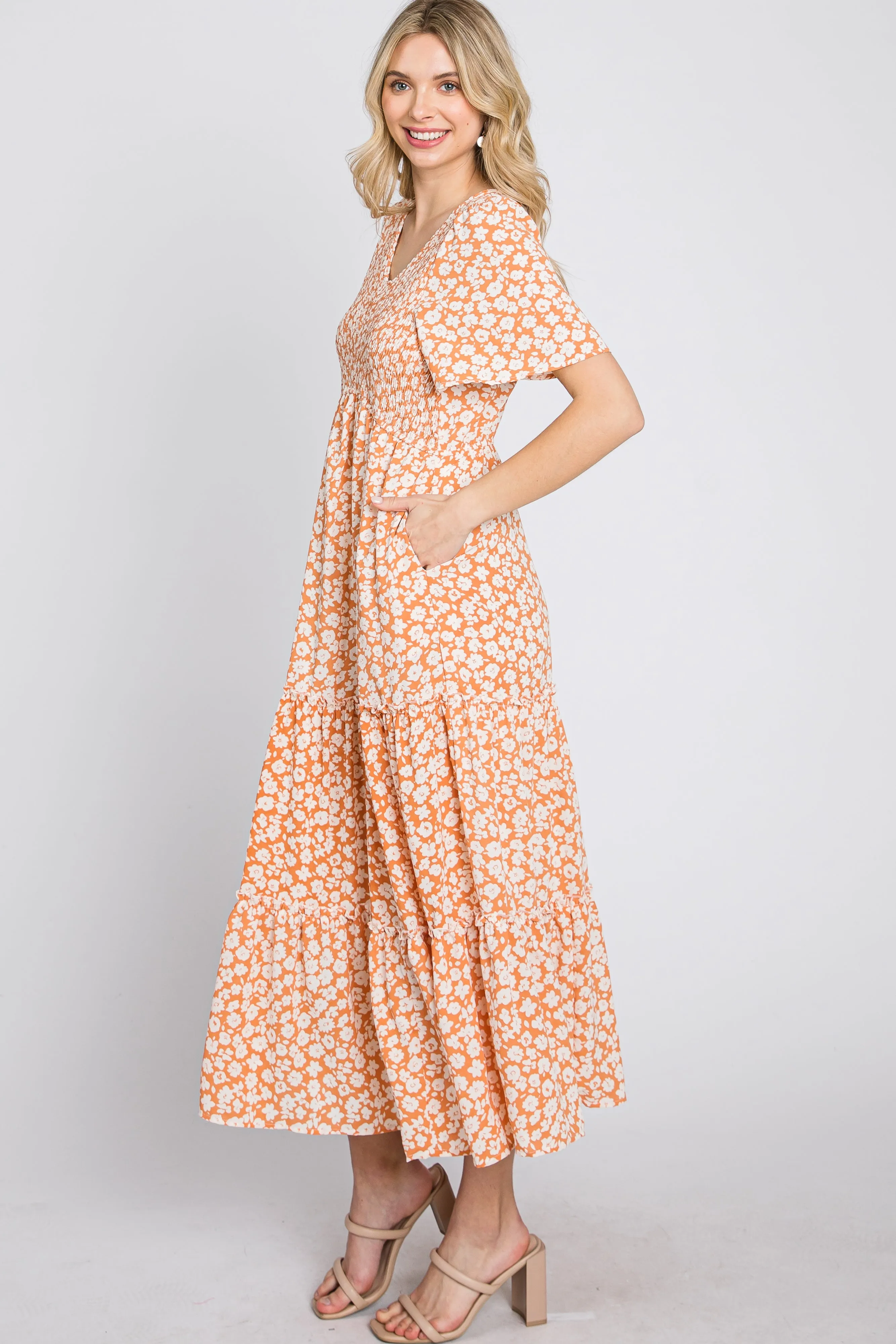 Peach Floral Tiered Midi Dress sold by Pinkblush product image thumbnail 5