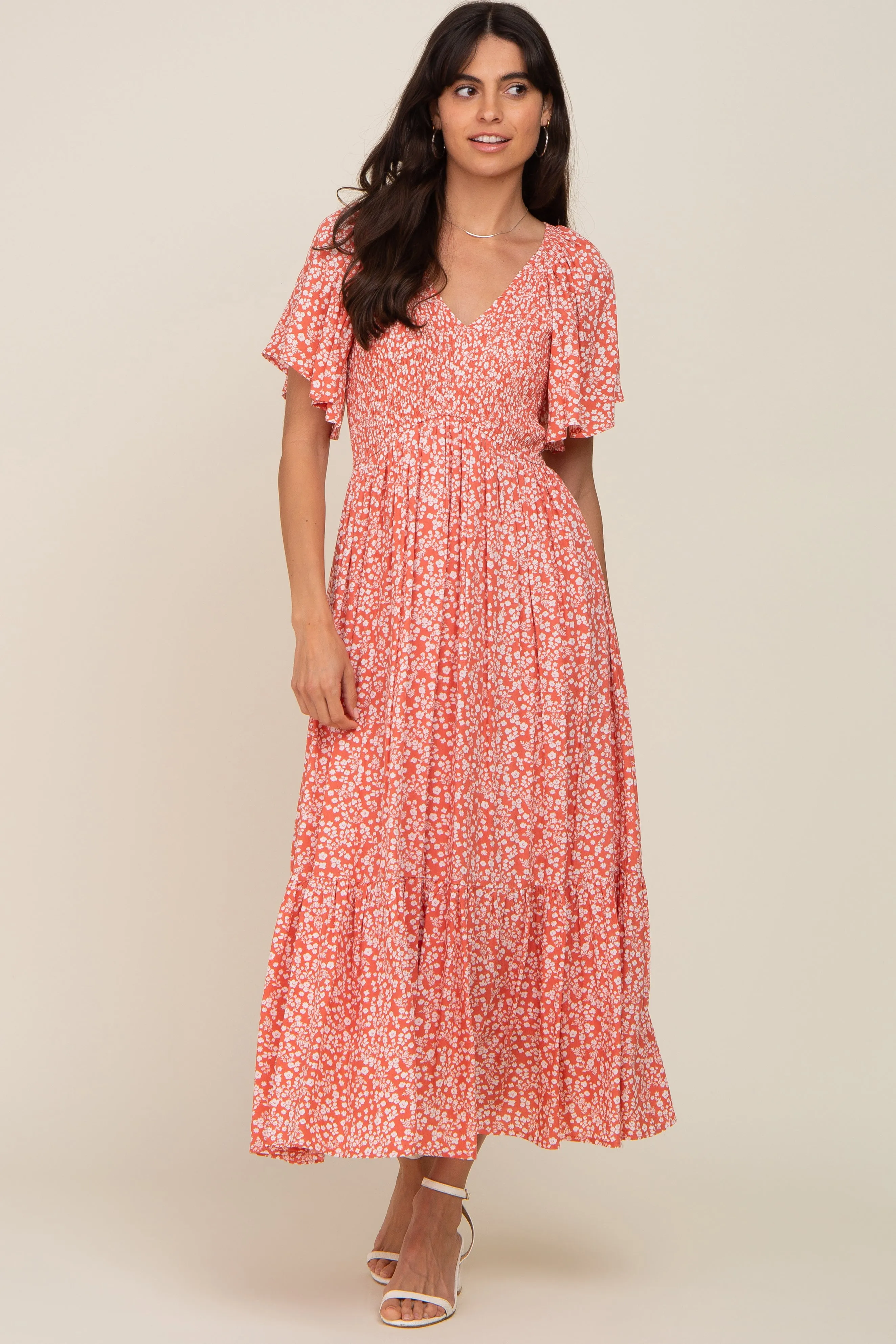 Coral Floral Smocked V-Neck Flutter Short Sleeve Midi Dress sold by Pinkblush product image thumbnail 5
