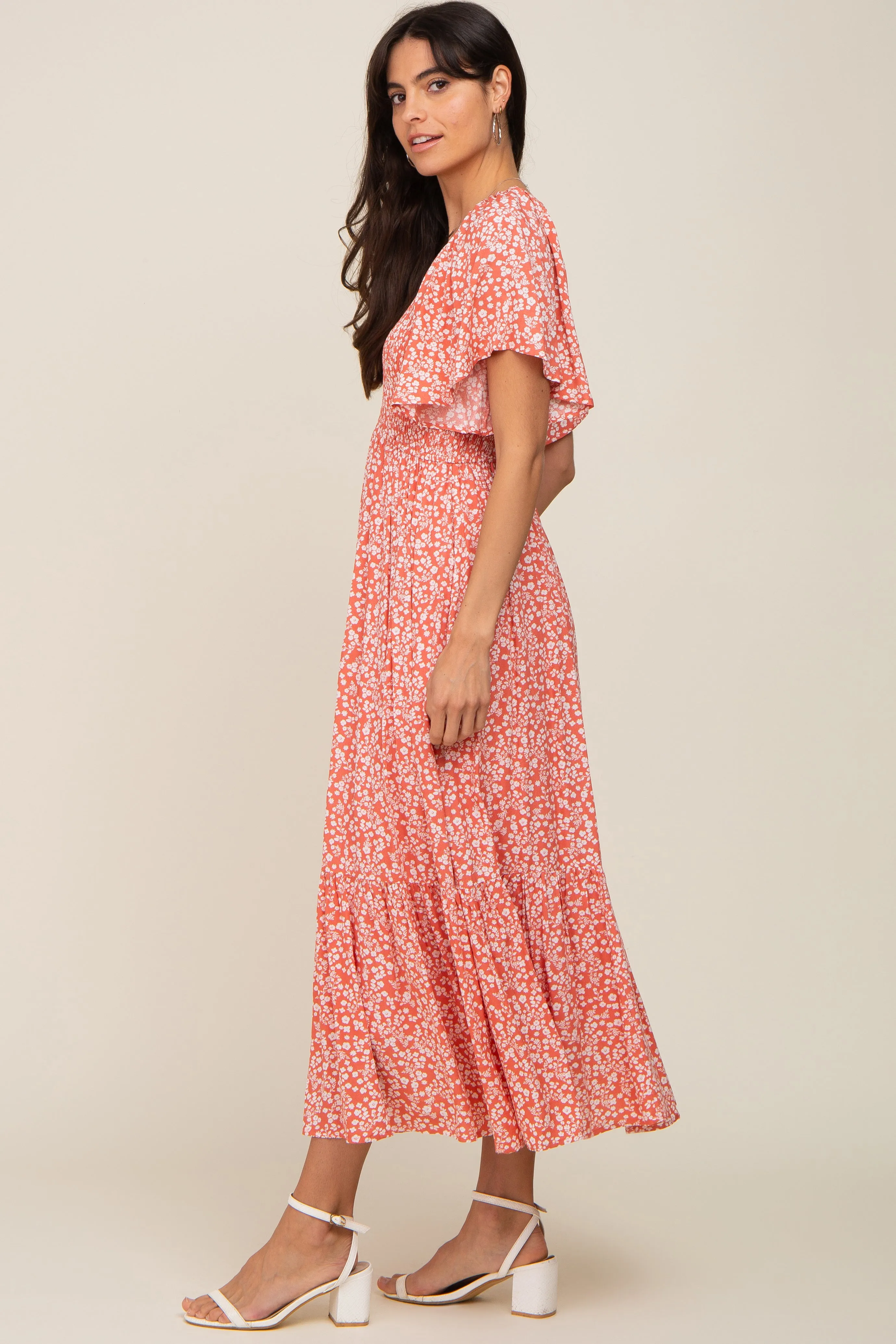 Coral Floral Smocked V-Neck Flutter Short Sleeve Midi Dress sold by Pinkblush product image thumbnail 2