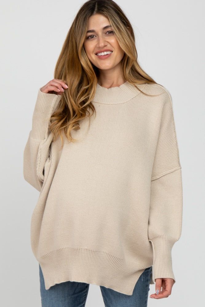 Beige Mock Neck Exposed Seam Maternity Sweater sold by Pinkblush