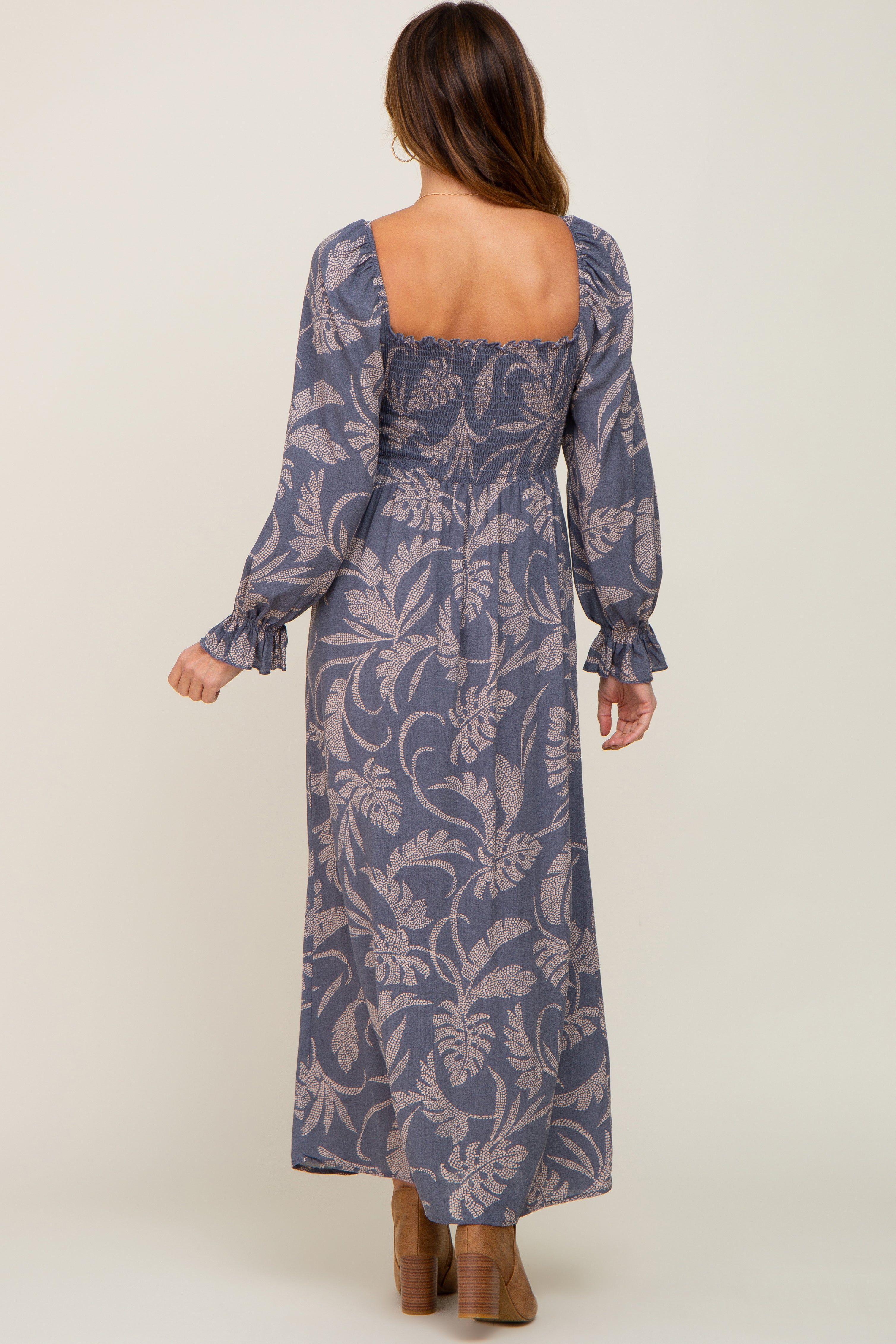 Blue Leaf Print Smocked Maxi Dress sold by Pinkblush product image thumbnail 3