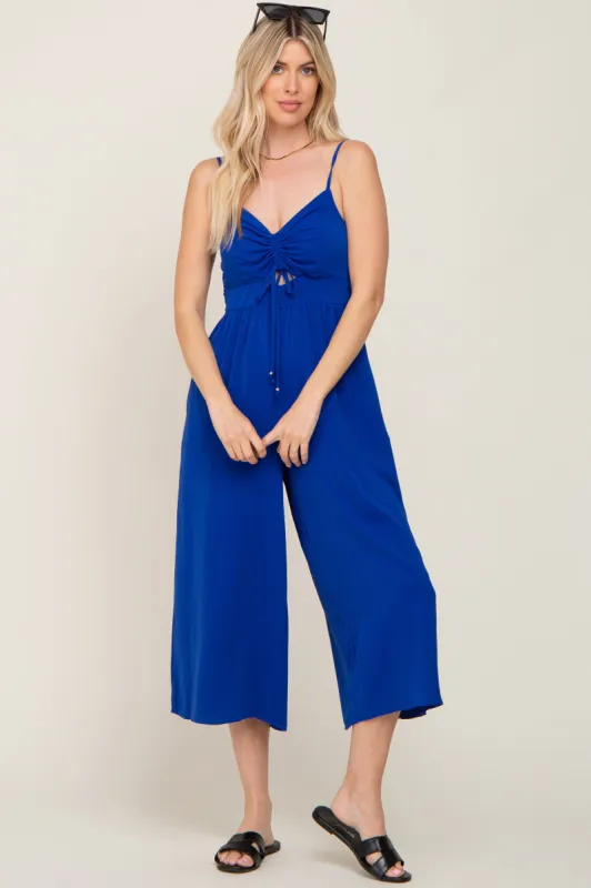 Royal Blue Sleeveless Ruched Drawstring Jumpsuit sold by Pinkblush