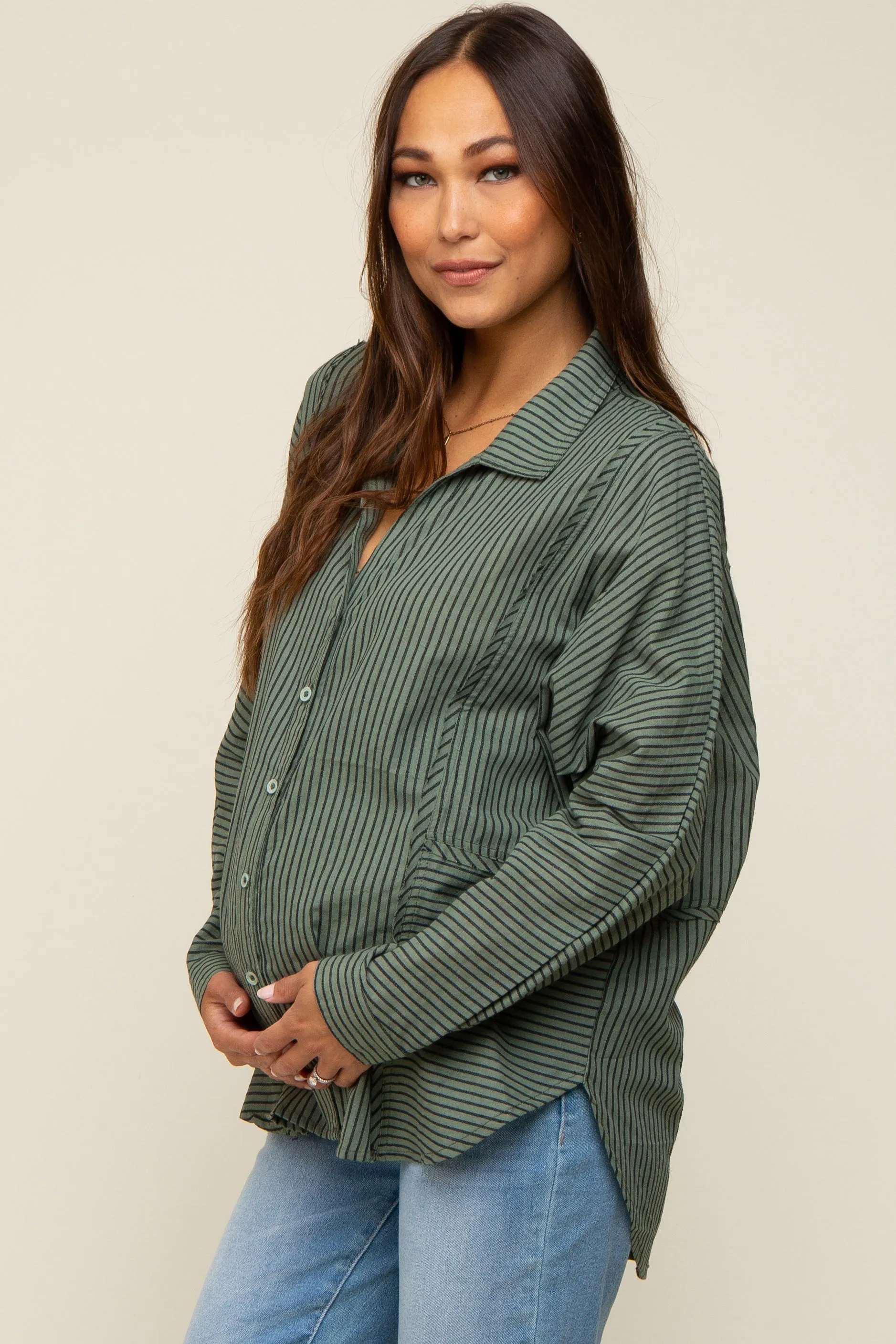 Olive Striped Button Front Collared Long Sleeve Maternity Top sold by Pinkblush product image thumbnail 3