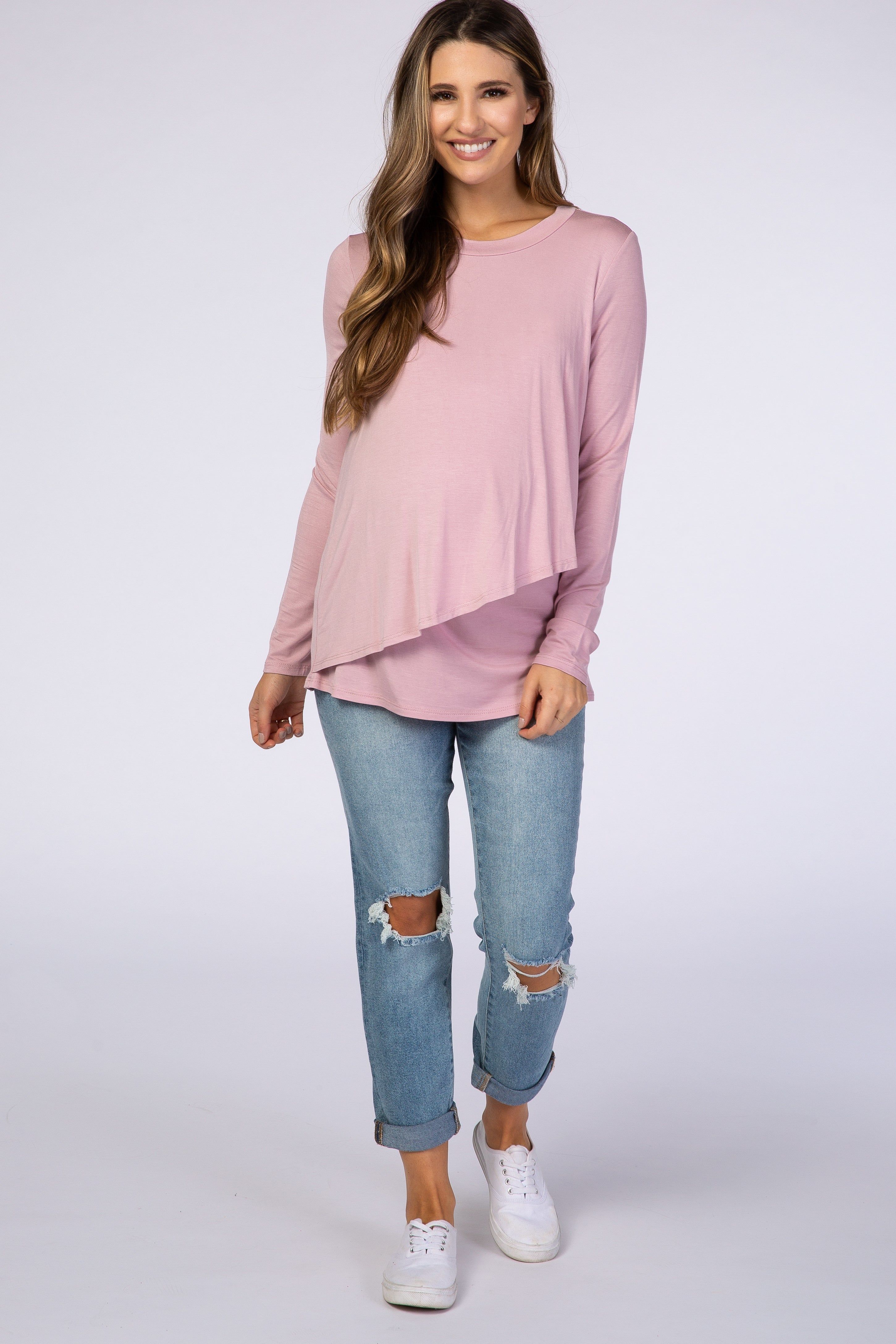 PinkBlush Pink Solid Layered Front Long Sleeve Maternity/Nursing Top sold by Pinkblush product image thumbnail 5