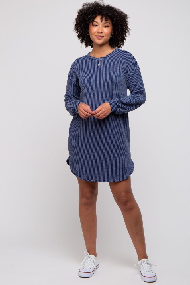 Navy Rib Knit Long Sleeve Dress sold by Pinkblush
