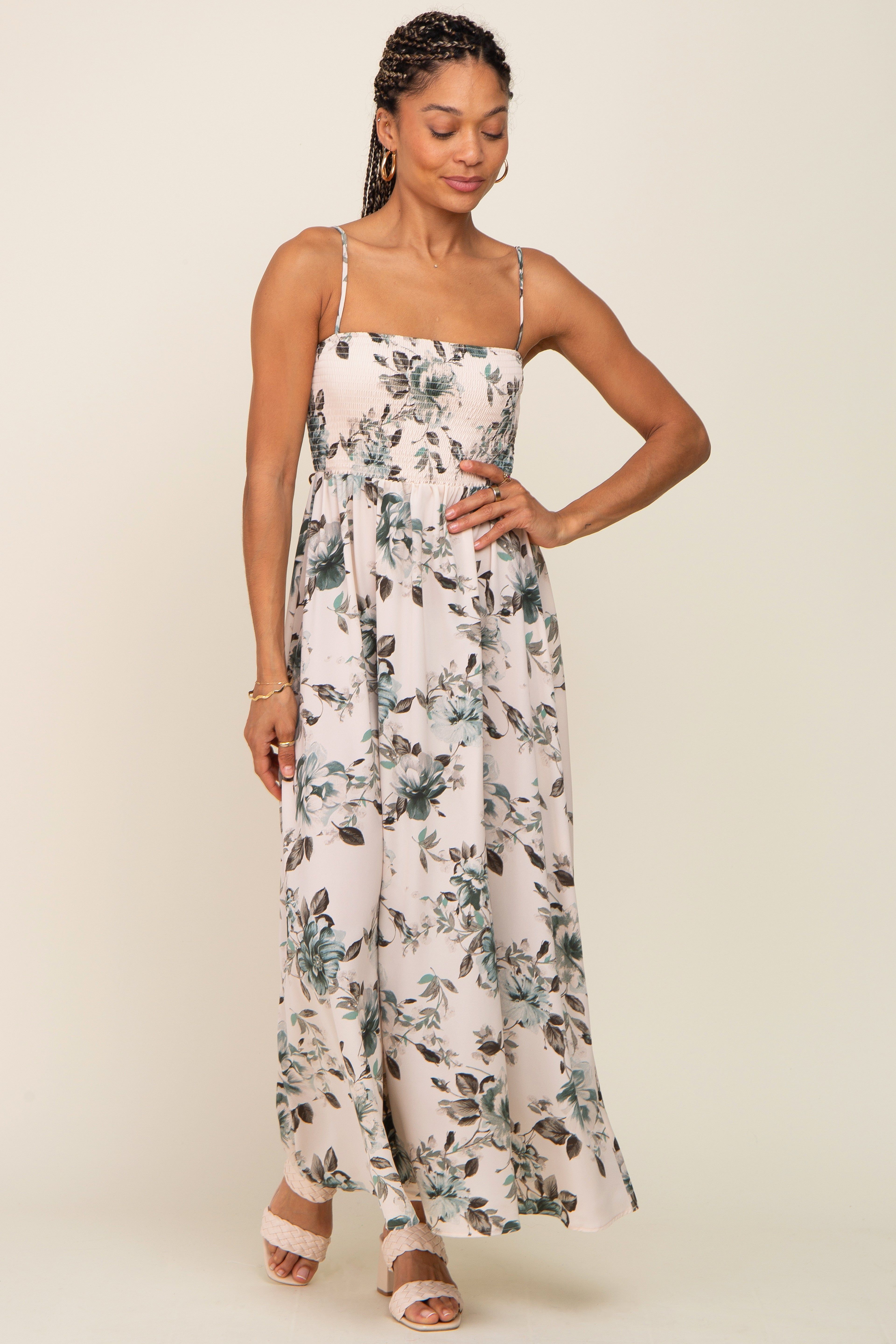 Teal Floral Smocked Square Neck Maxi Dress sold by Pinkblush product image thumbnail 4