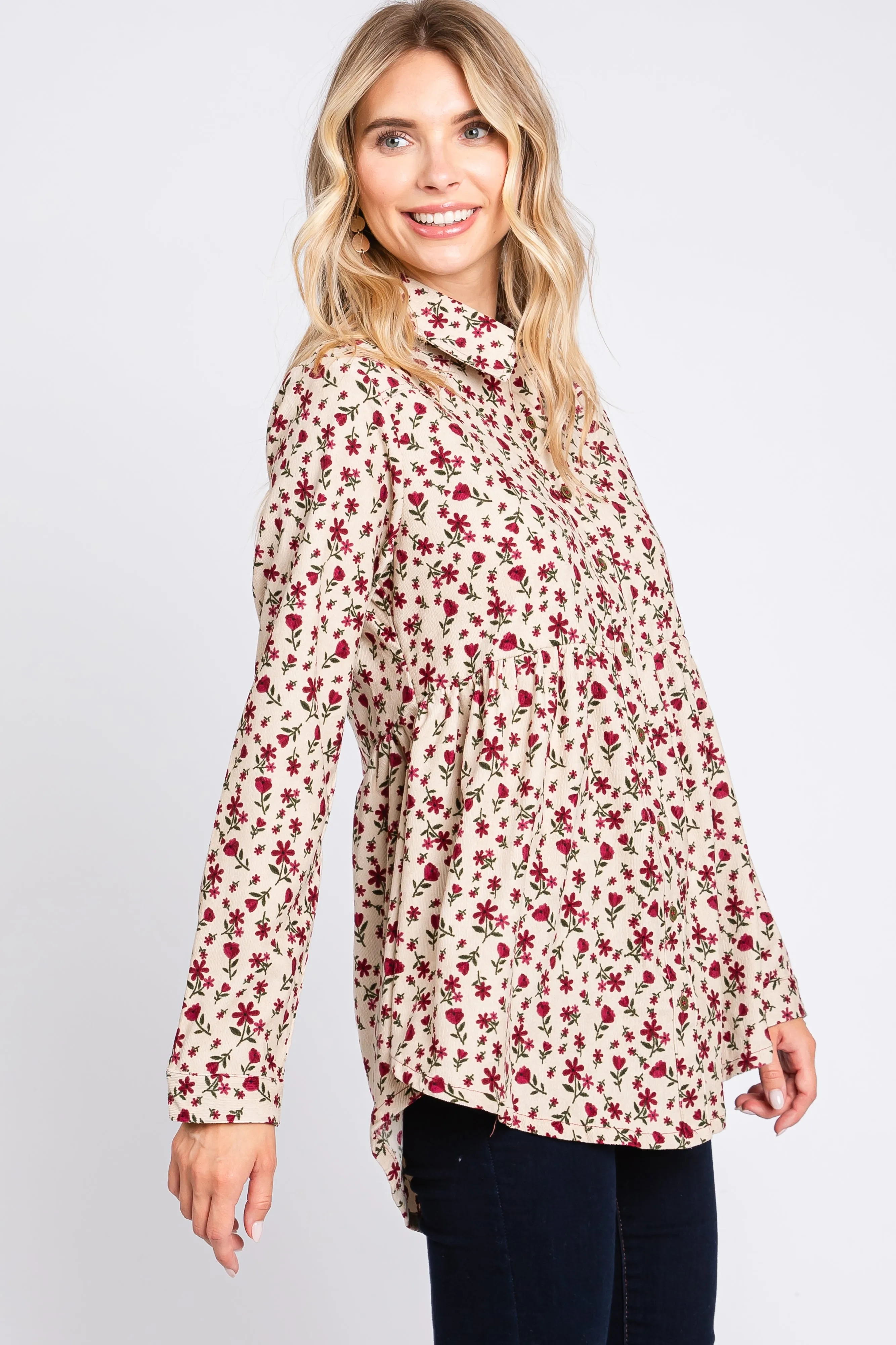 Cream Floral Corduroy Button Up Top sold by Pinkblush product image thumbnail 3