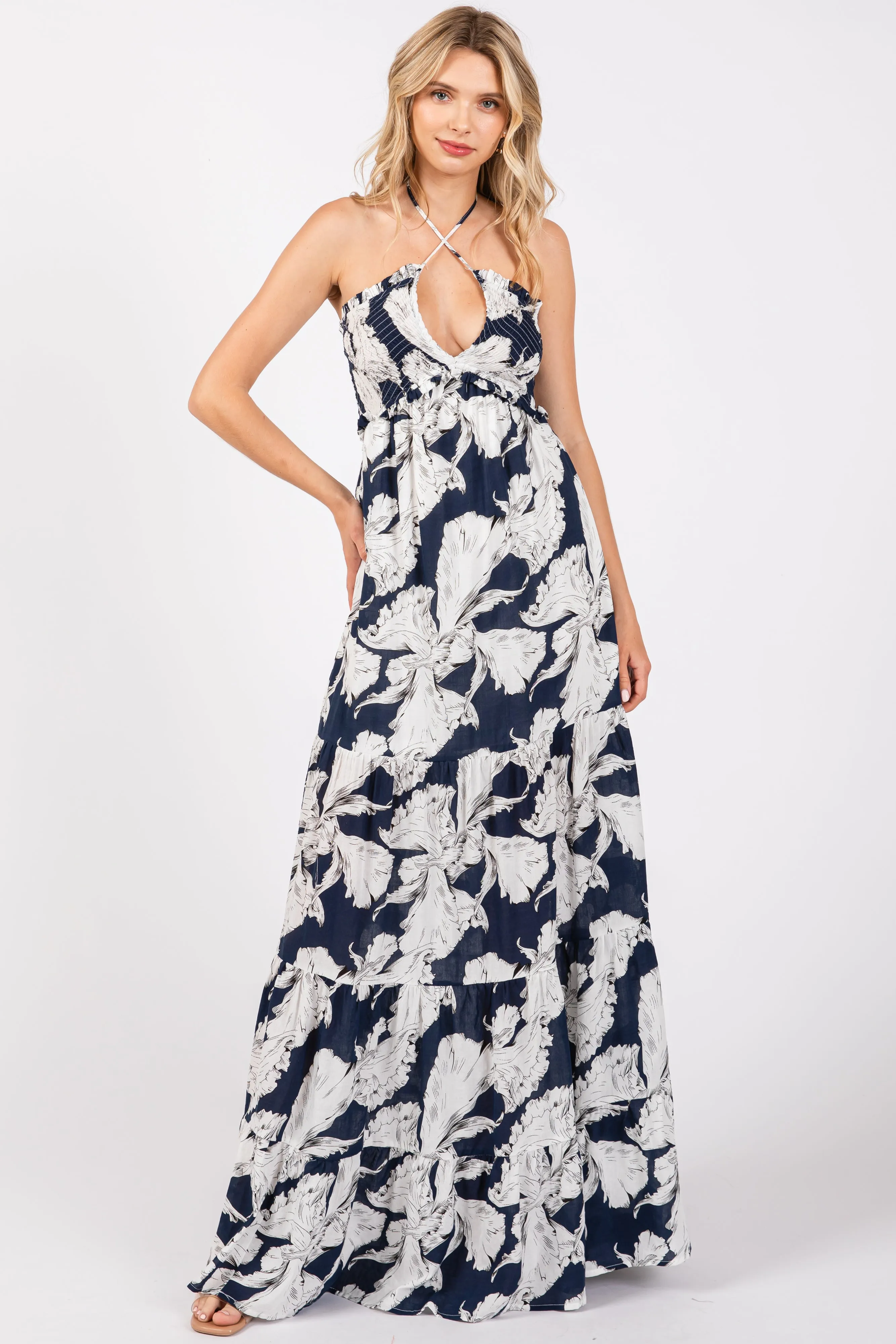 Navy Printed Woven Maxi Dress sold by Pinkblush