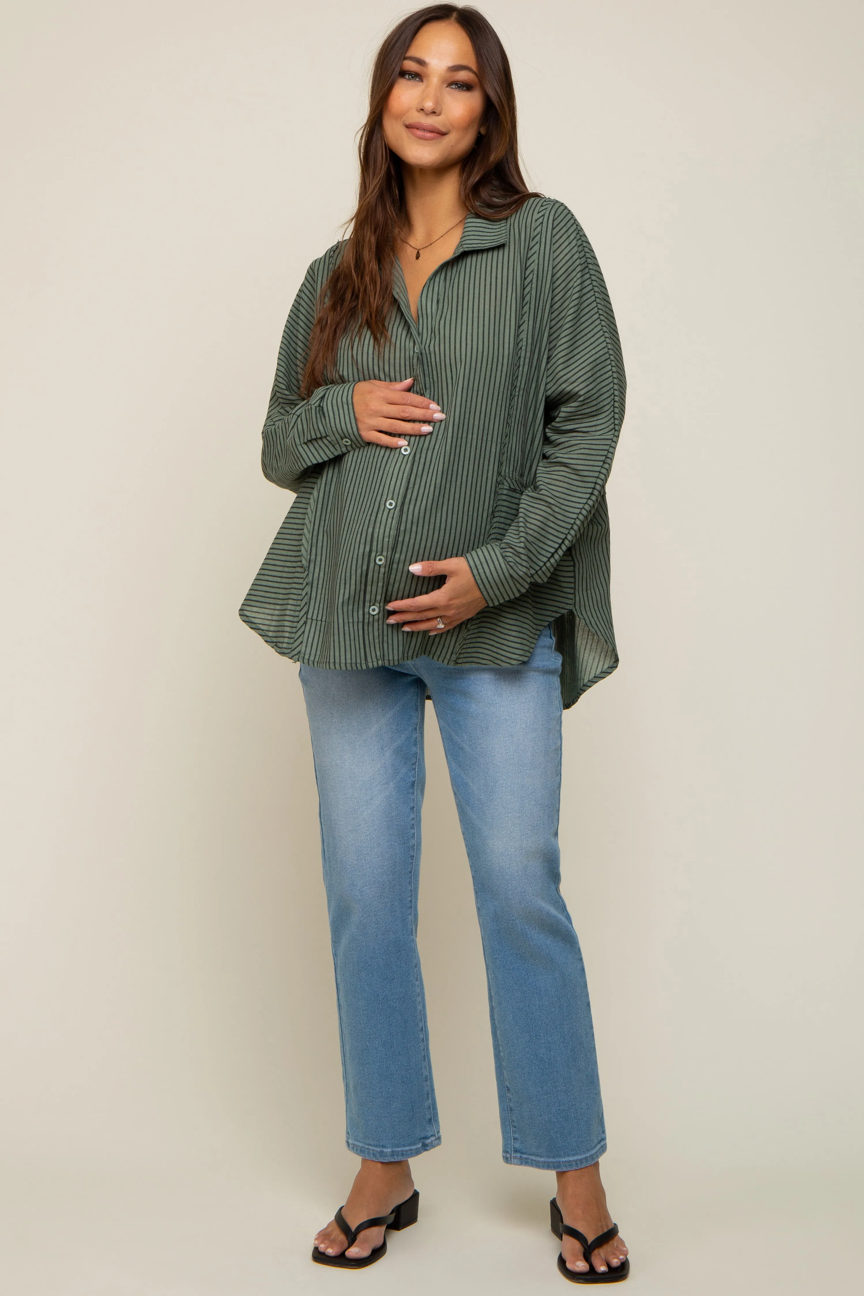 Olive Striped Button Front Collared Long Sleeve Maternity Top sold by Pinkblush