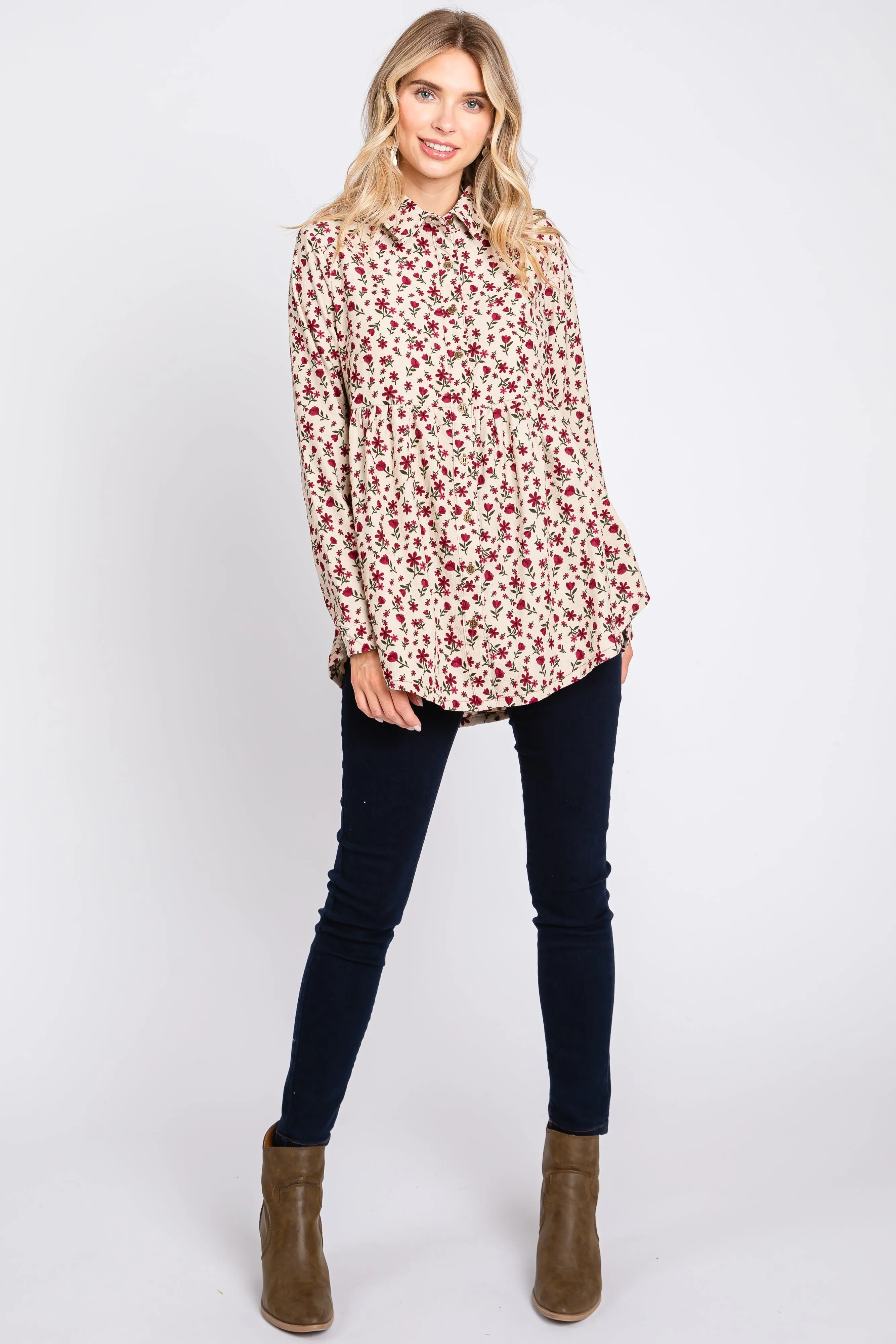 Cream Floral Corduroy Button Up Top sold by Pinkblush