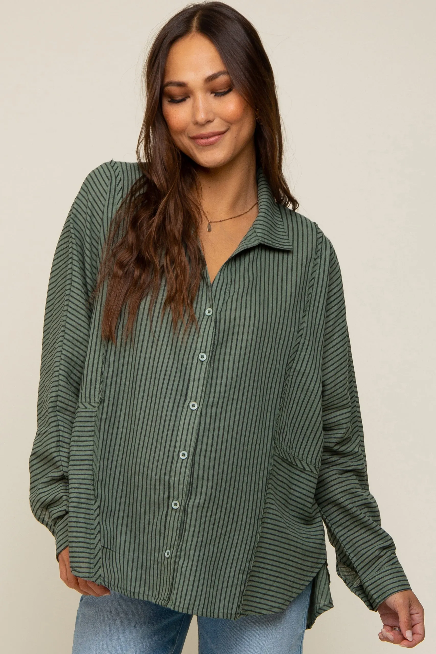Olive Striped Button Front Collared Long Sleeve Maternity Top sold by Pinkblush product image thumbnail 2