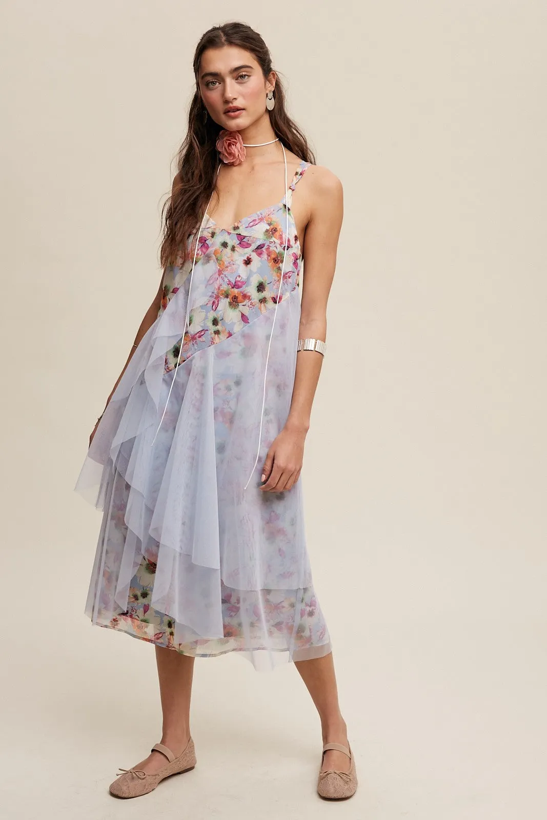 Light Blue Floral Print Midi Dress With Drapey Mesh sold by Pinkblush