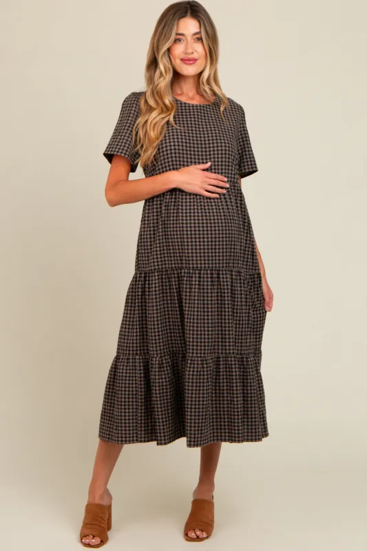Black Gingham Tiered Maternity Midi Dress sold by Pinkblush