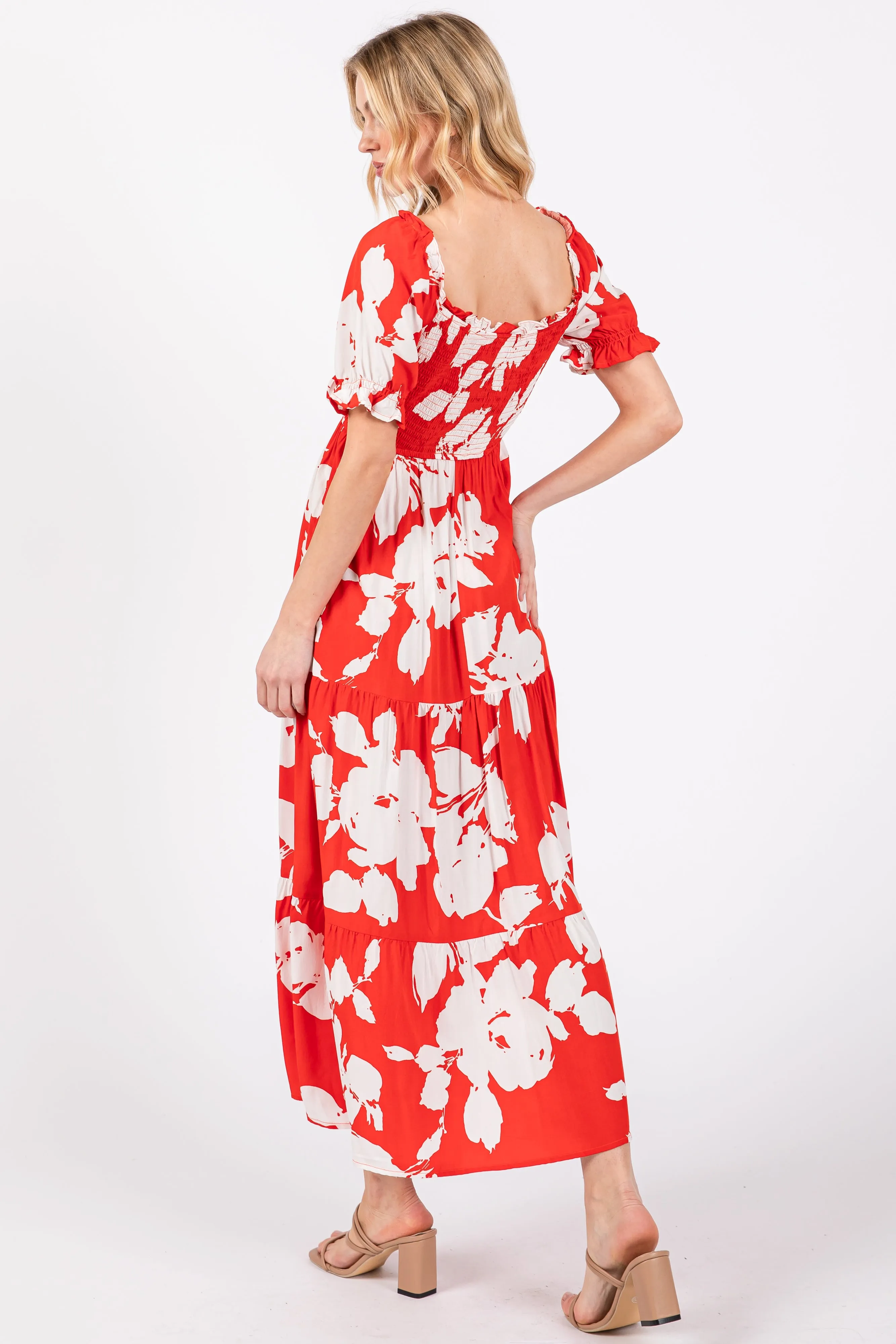 Red Floral Smocked Knotted Top Maxi Dress sold by Pinkblush product image thumbnail 3