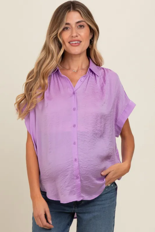 Purple Satin Button Front Collared Short Sleeve Maternity Top sold by Pinkblush
