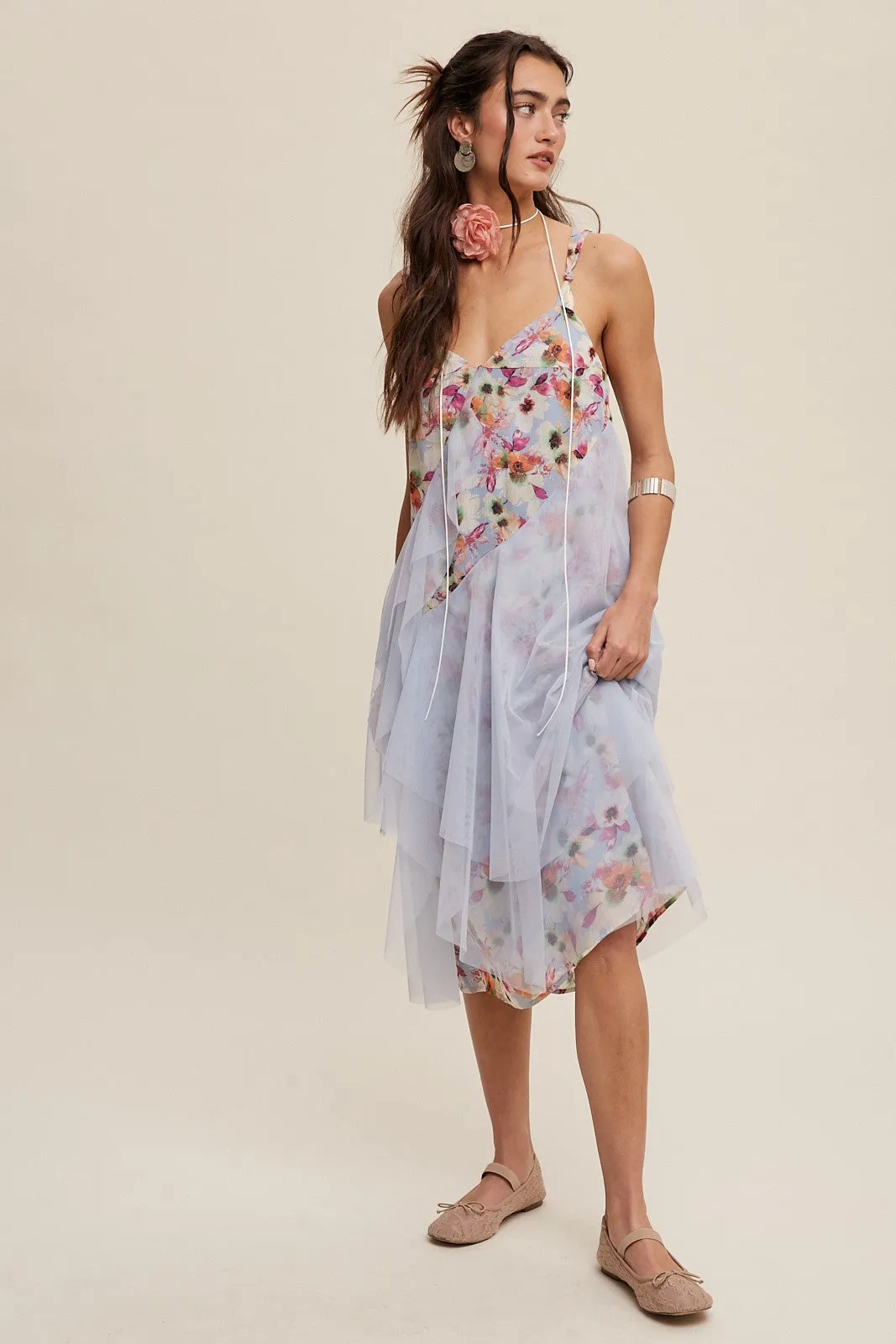 Light Blue Floral Print Midi Dress With Drapey Mesh sold by Pinkblush product image thumbnail 2