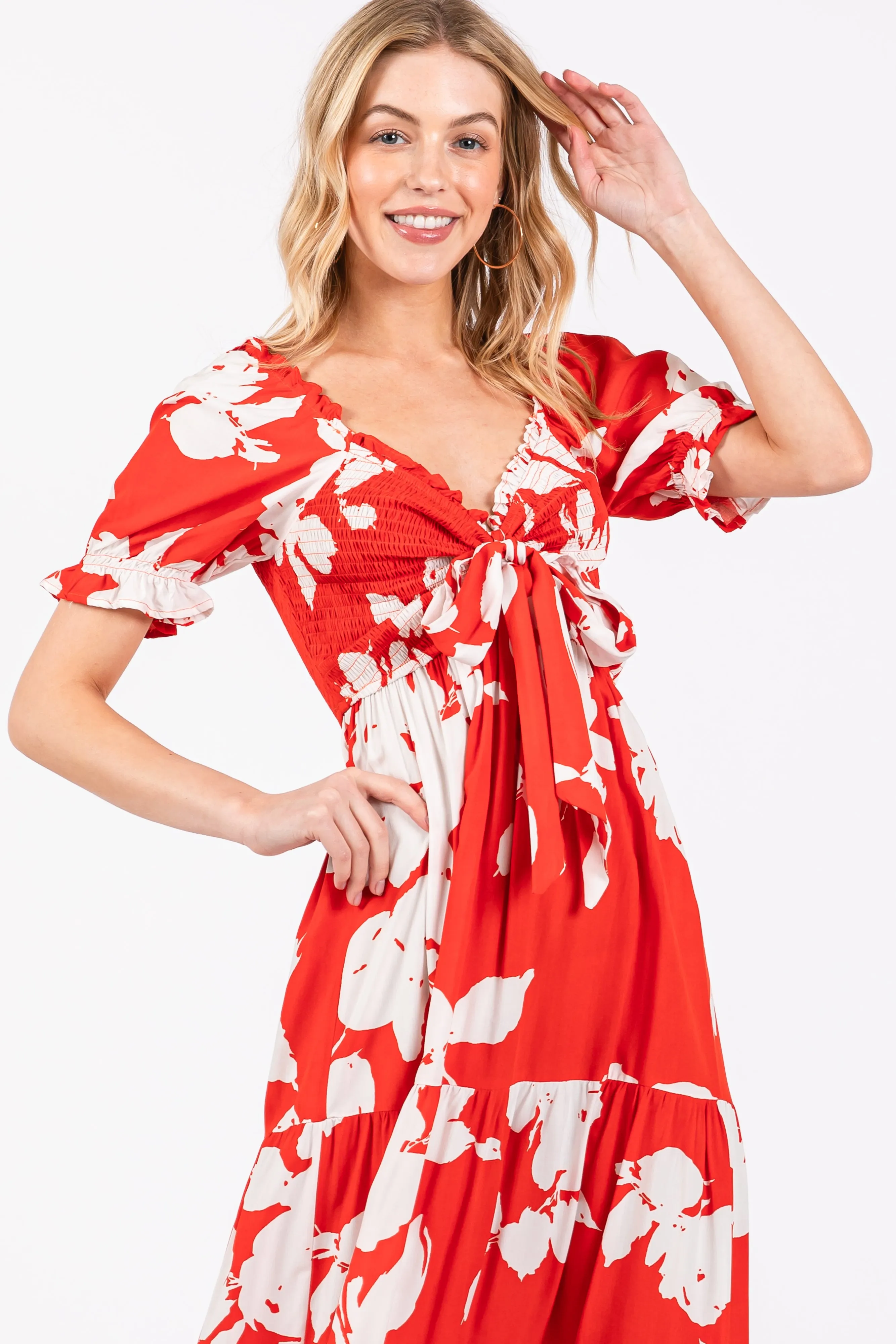 Red Floral Smocked Knotted Top Maxi Dress sold by Pinkblush product image thumbnail 4