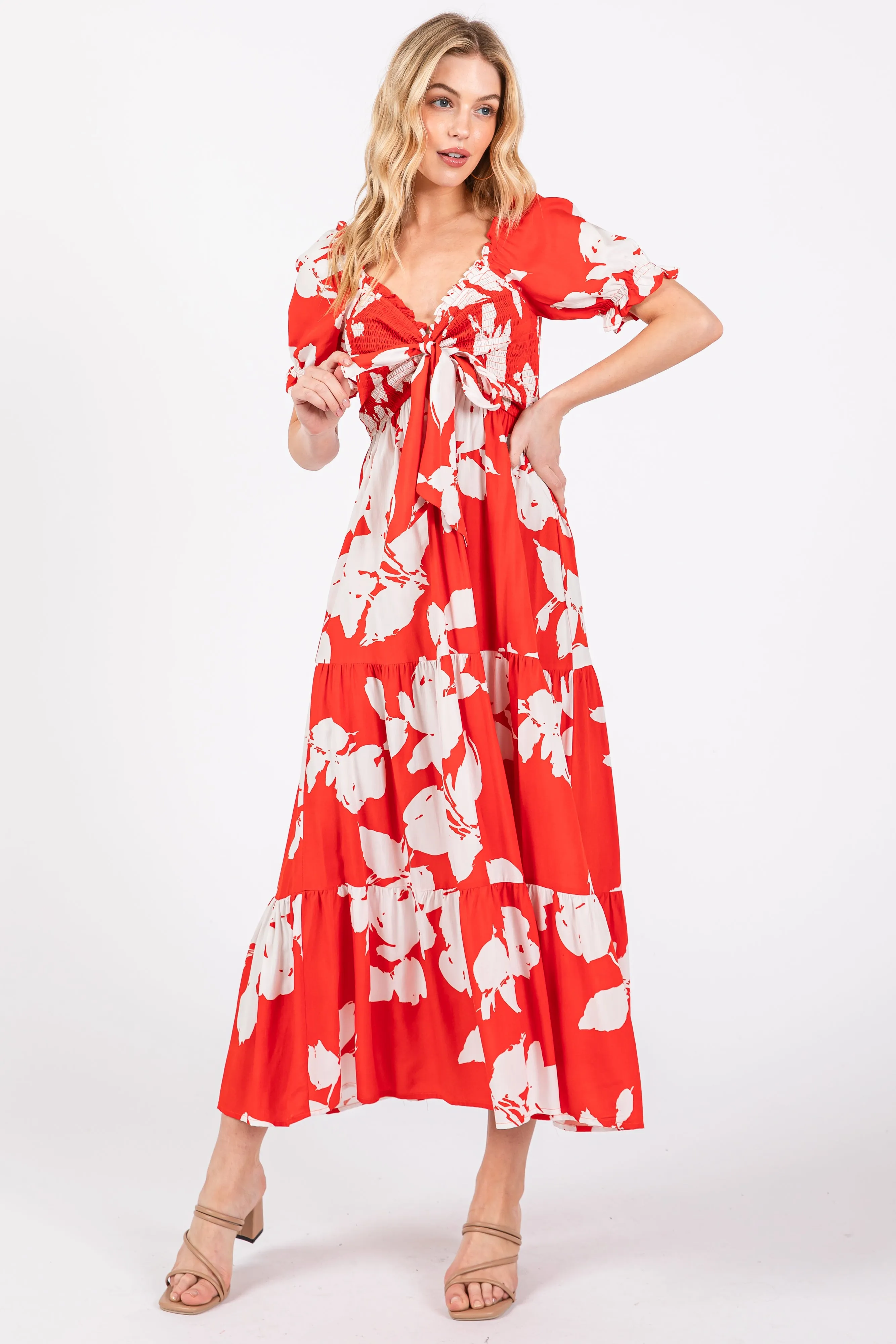 Red Floral Smocked Knotted Top Maxi Dress sold by Pinkblush