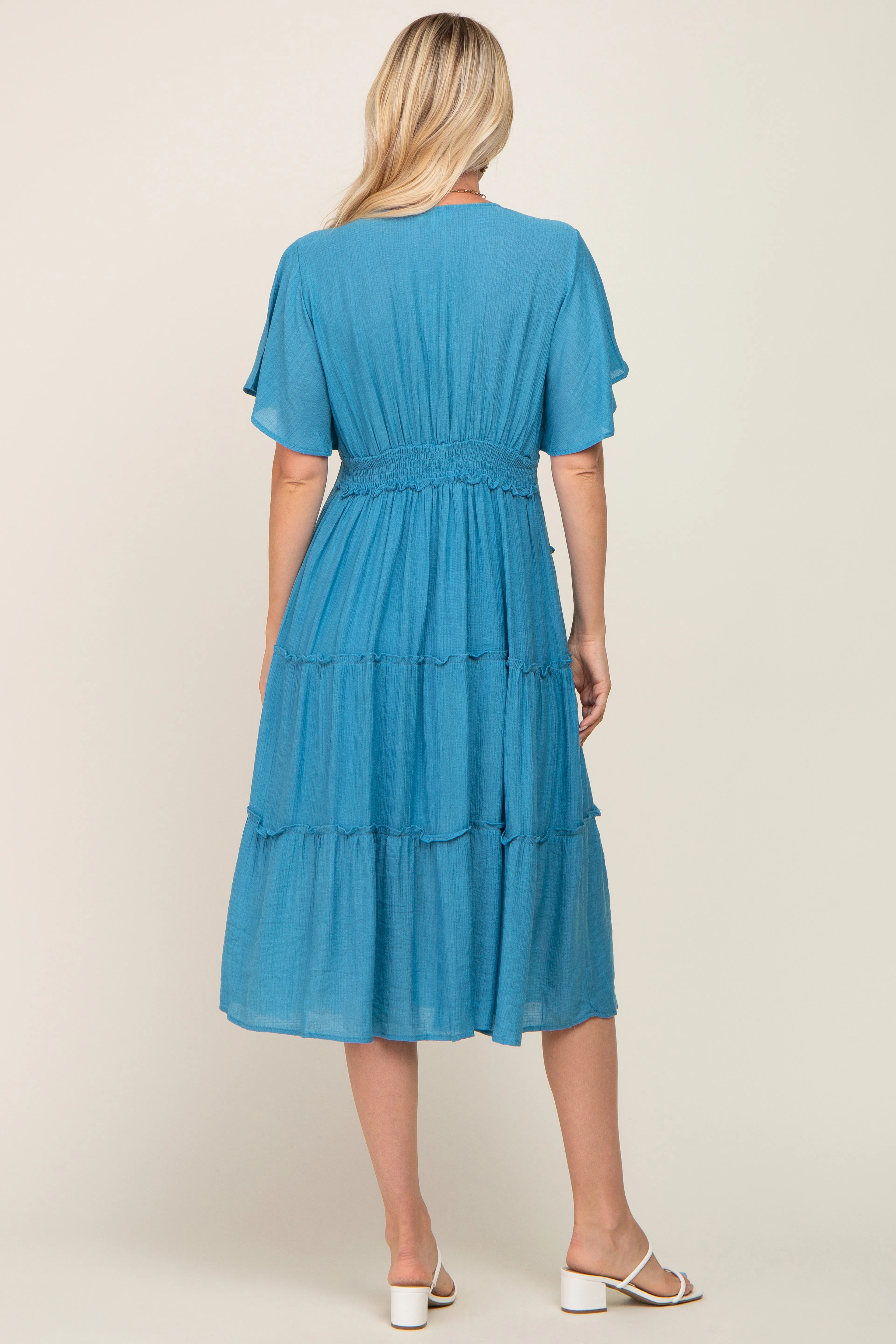 Blue Ruffle Tiered V-Neck Midi Dress sold by Pinkblush product image thumbnail 3