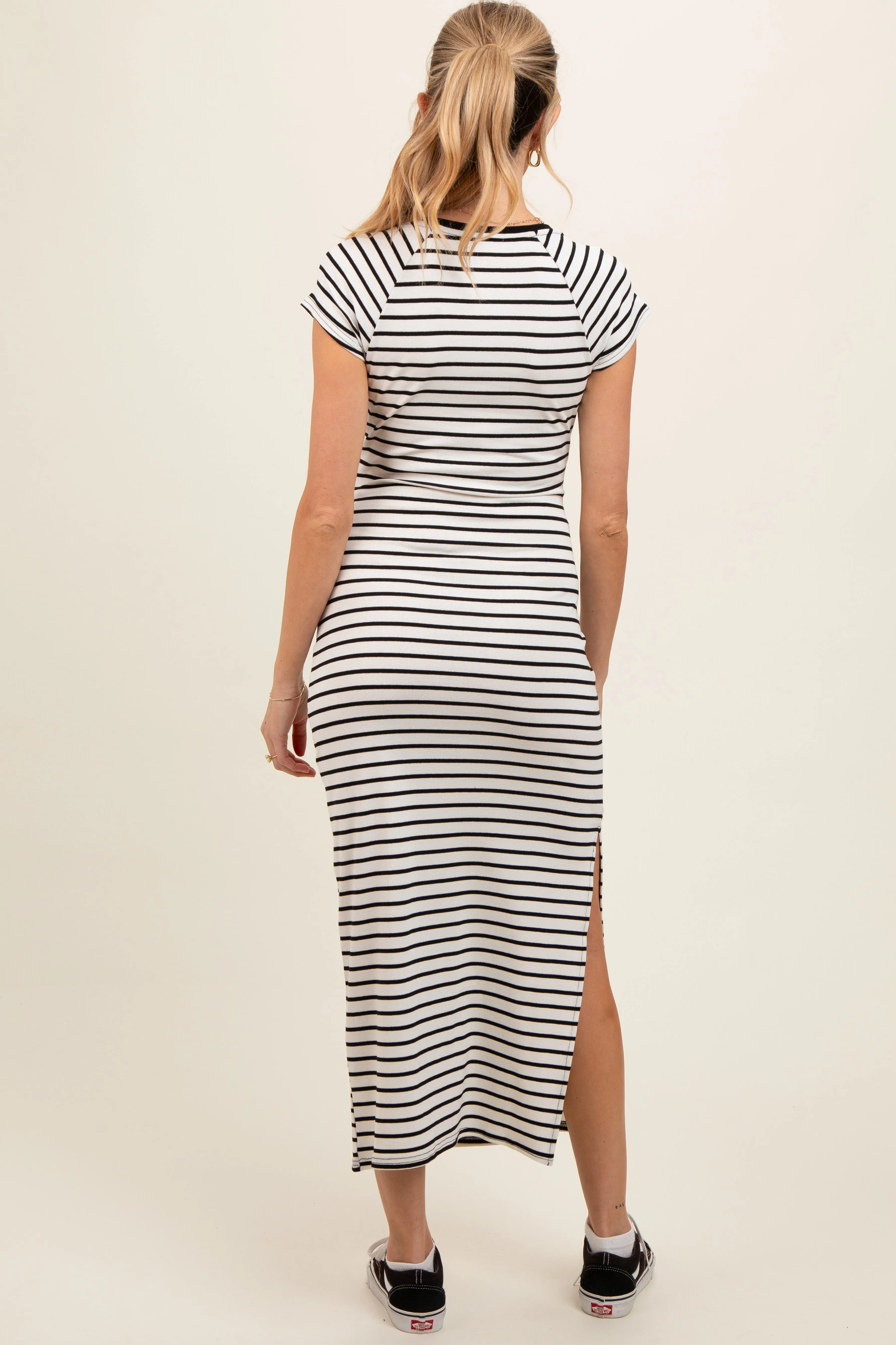 White Black Striped Side Slit Fitted Maternity Maxi Dress sold by Pinkblush product image thumbnail 3