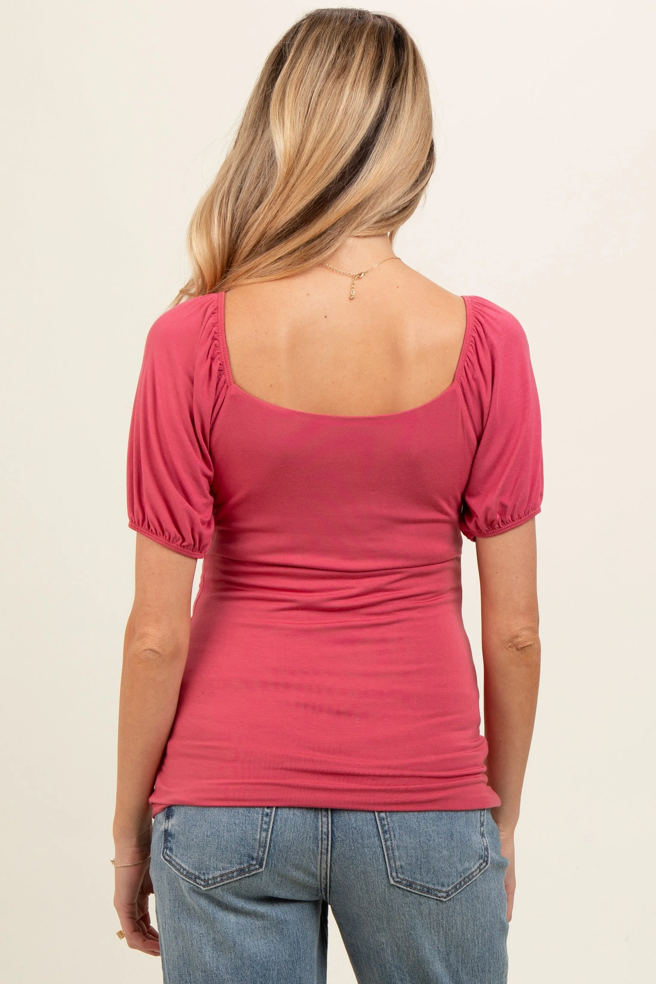 Magenta Short Puff Sleeve V-Neck Maternity Top sold by Pinkblush product image thumbnail 4