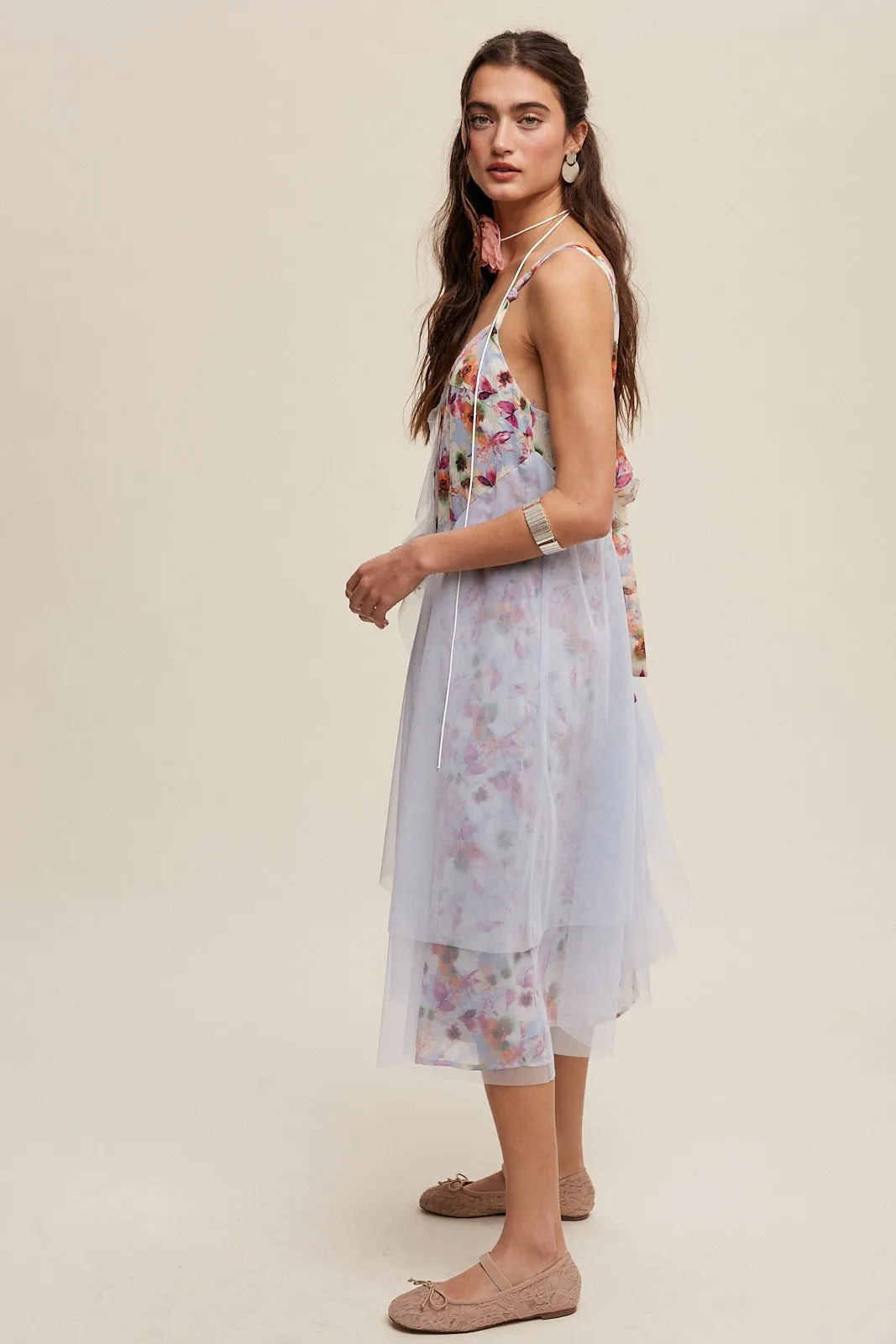 Light Blue Floral Print Midi Dress With Drapey Mesh sold by Pinkblush product image thumbnail 3