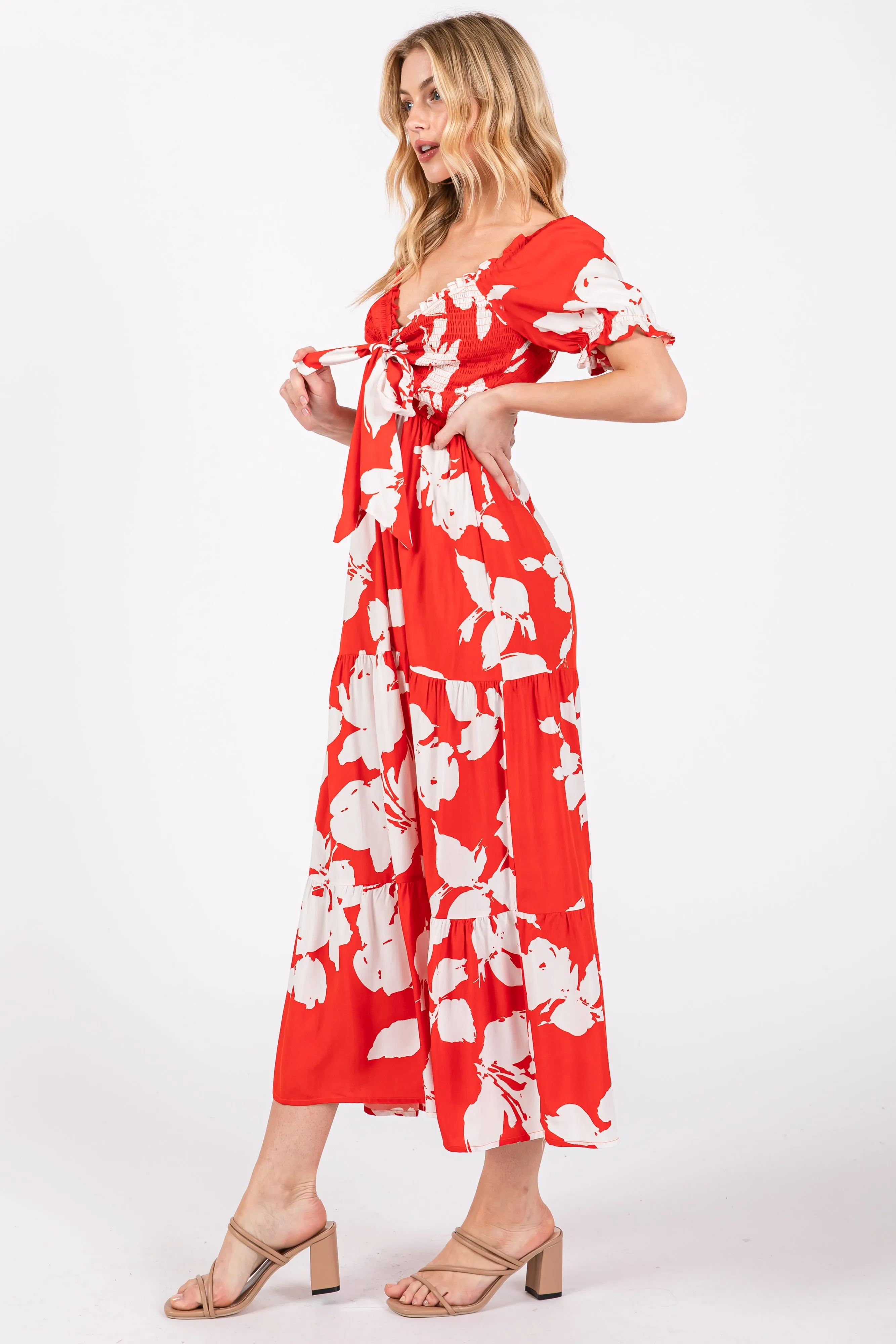 Red Floral Smocked Knotted Top Maxi Dress sold by Pinkblush product image thumbnail 2