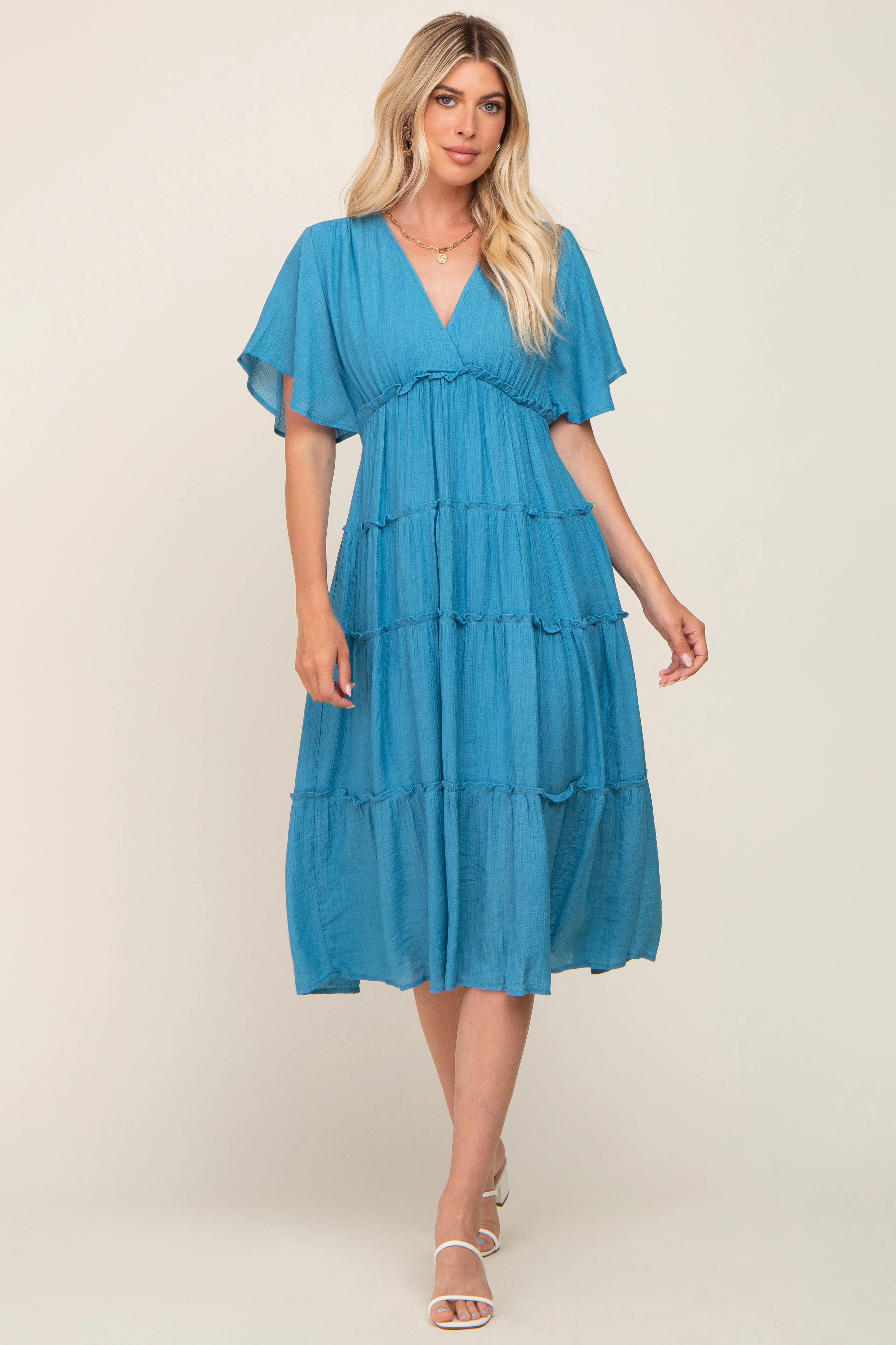 Blue Ruffle Tiered V-Neck Midi Dress sold by Pinkblush product image thumbnail 4