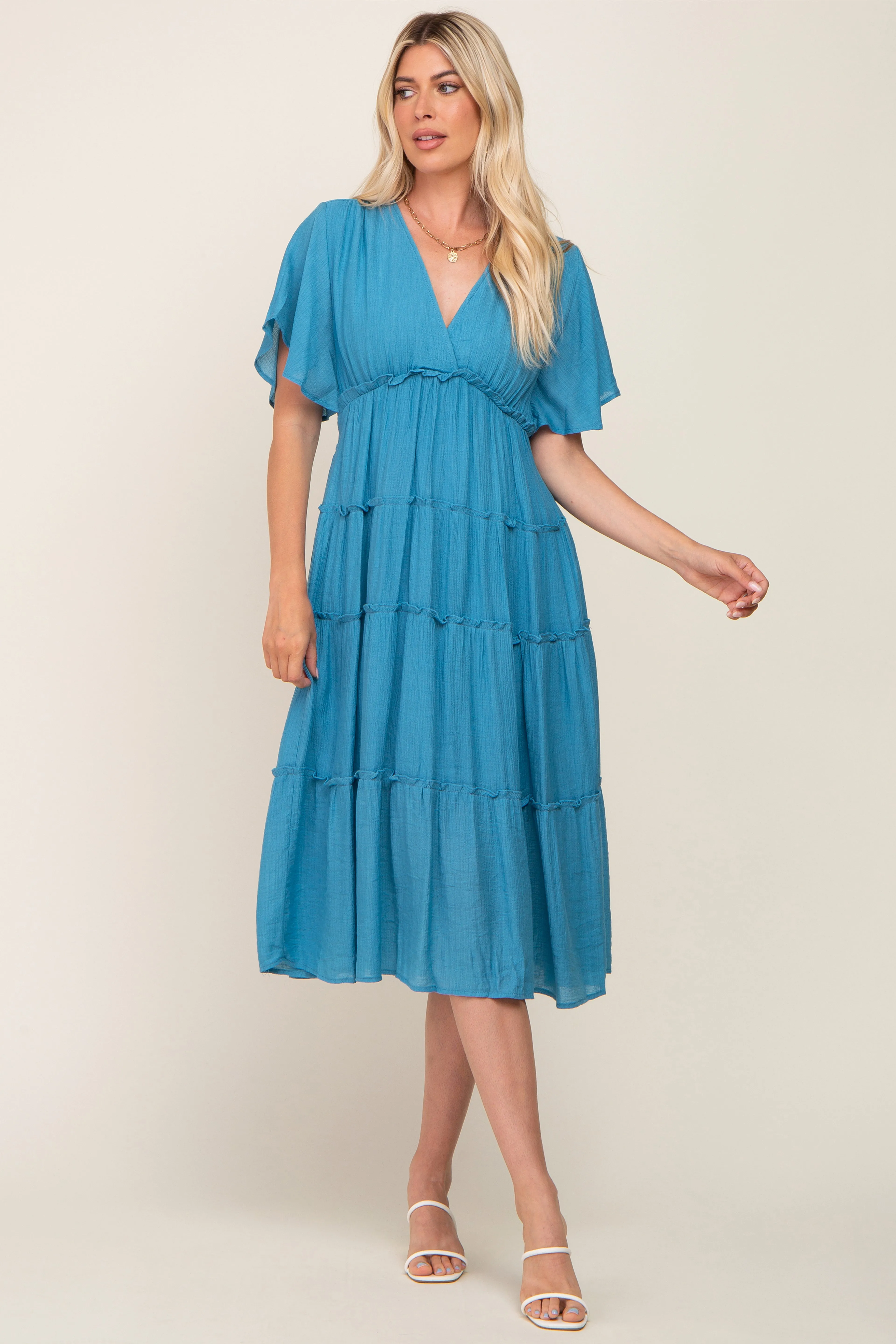 Blue Ruffle Tiered V-Neck Midi Dress sold by Pinkblush