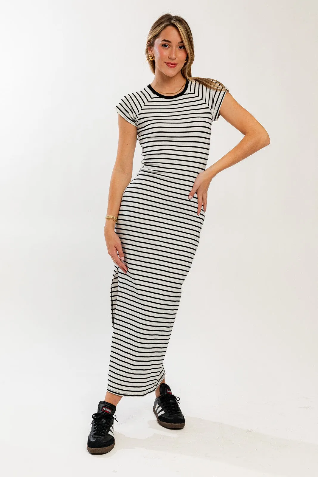 White Black Striped Side Slit Fitted Maternity Maxi Dress sold by Pinkblush product image thumbnail 4