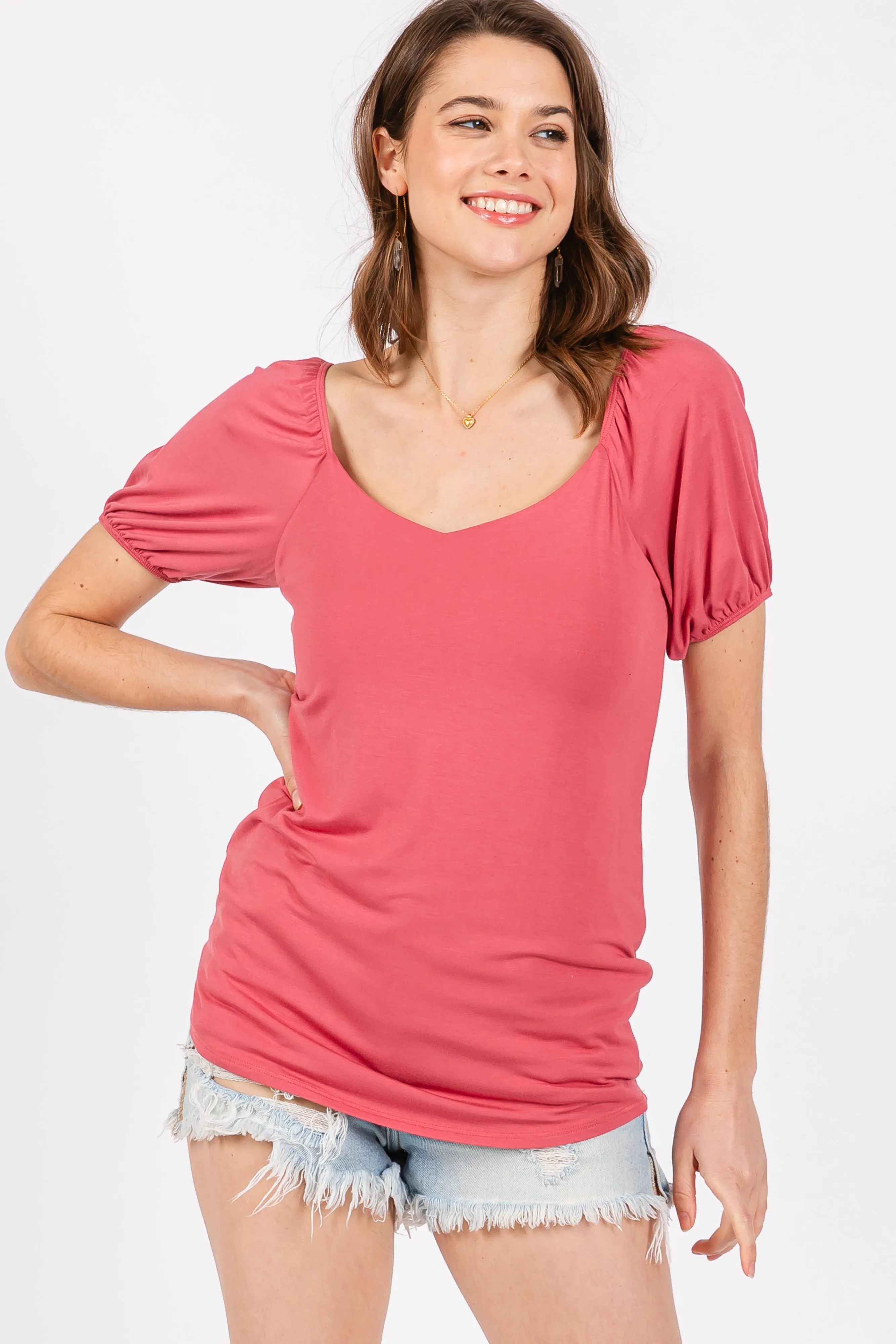 Magenta Short Puff Sleeve V-Neck Maternity Top sold by Pinkblush product image thumbnail 5