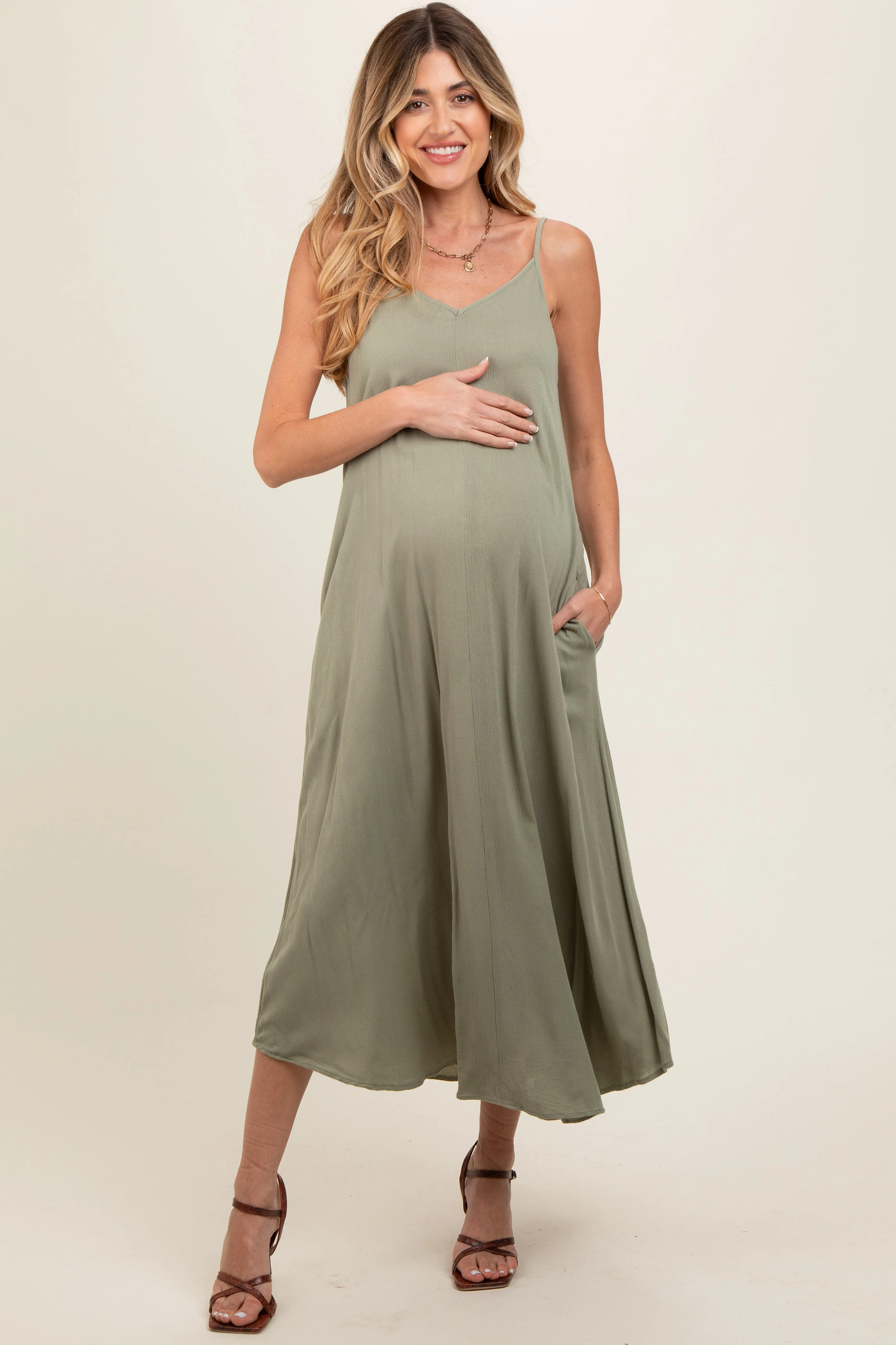 Light Olive Lightweight Sleeveless V-Neck Maternity Maxi Dress sold by Pinkblush