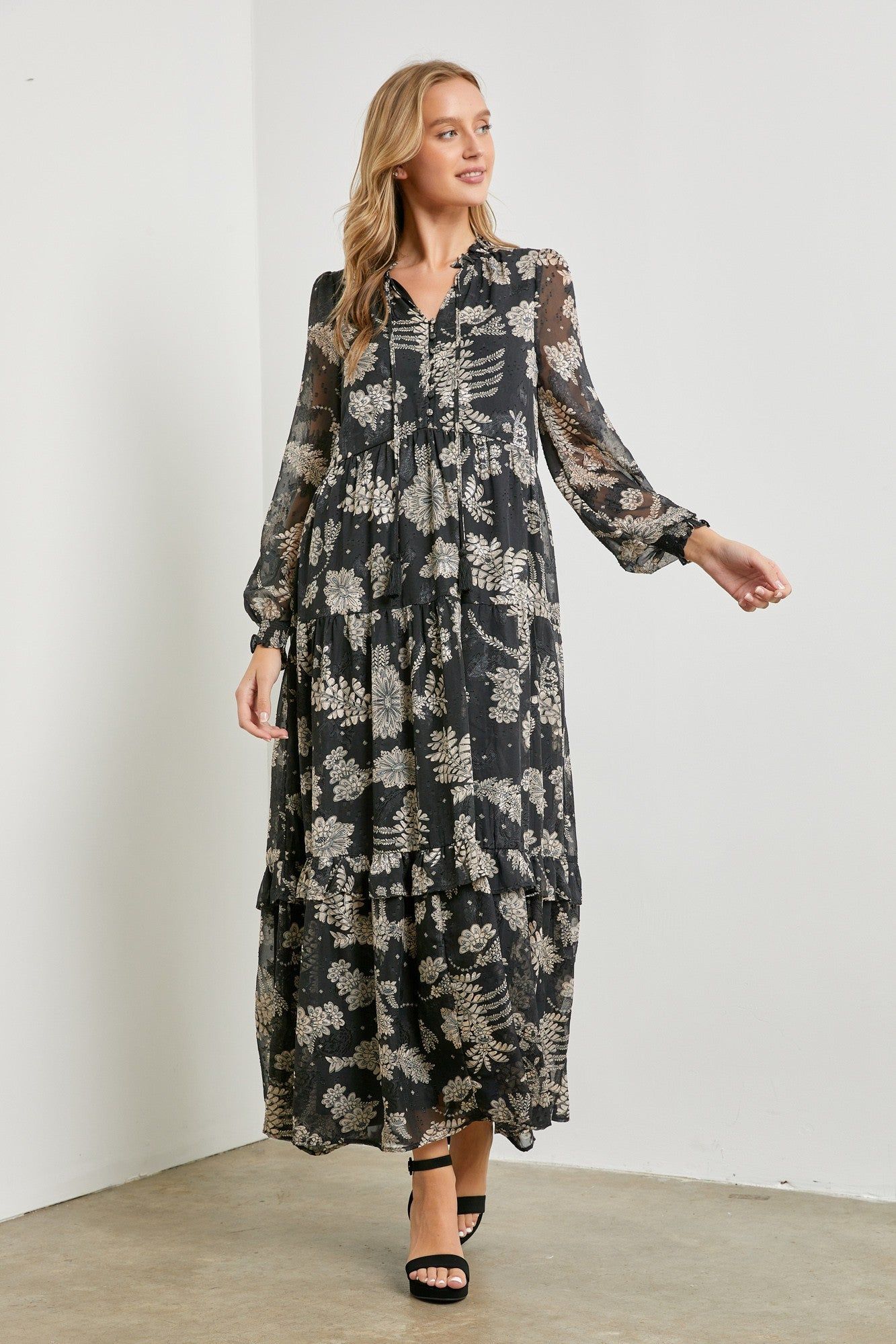 Black Floral Front Button Tiered Maxi Dress sold by Pinkblush