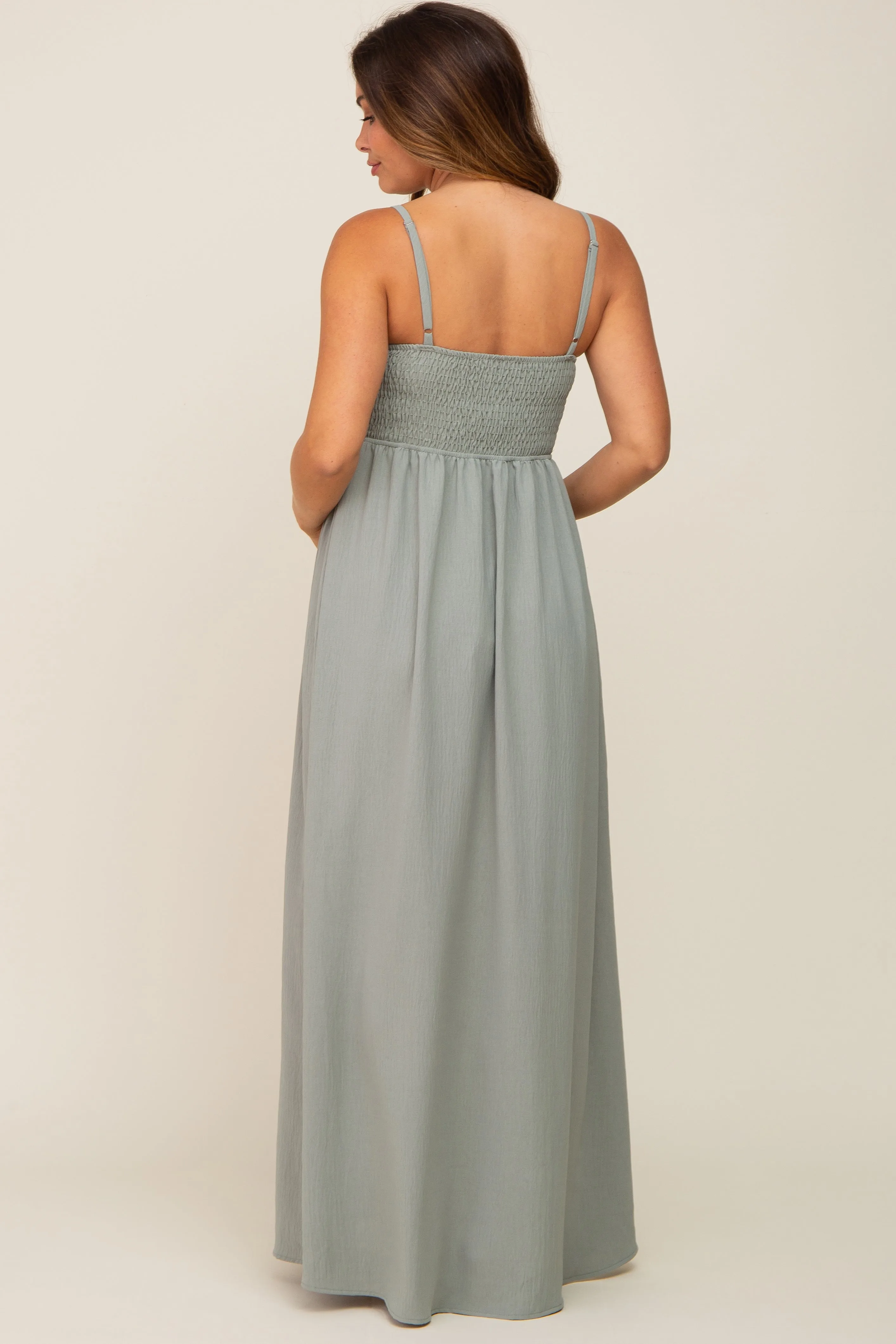 Light Olive Smocked Sleeveless Maternity Maxi Dress sold by Pinkblush product image thumbnail 3