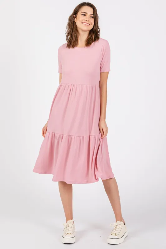 Pink Ribbed Tiered Midi Dress sold by Pinkblush