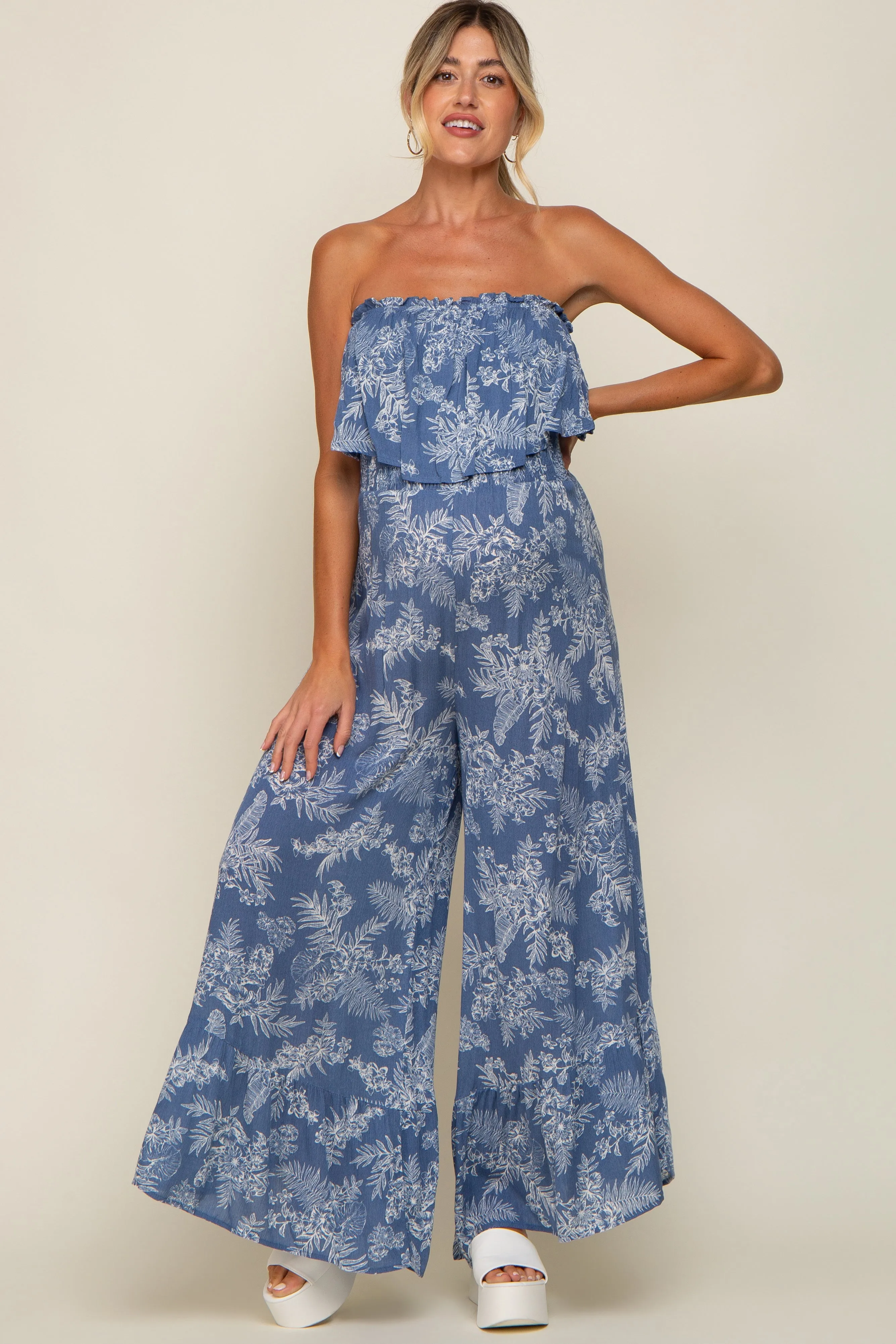 Blue Floral Ruffle Overlay Maternity Jumpsuit sold by Pinkblush product image thumbnail 4