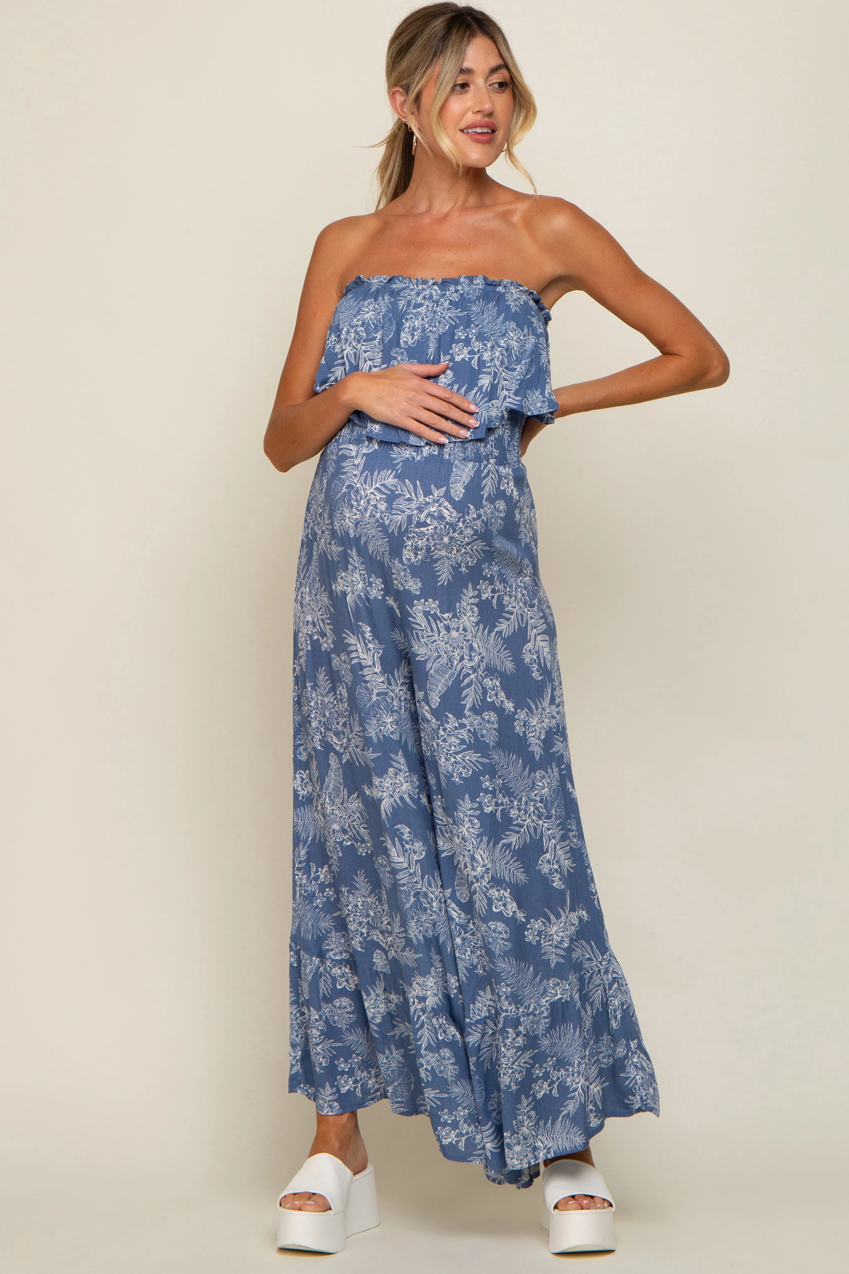 Blue Floral Ruffle Overlay Maternity Jumpsuit sold by Pinkblush